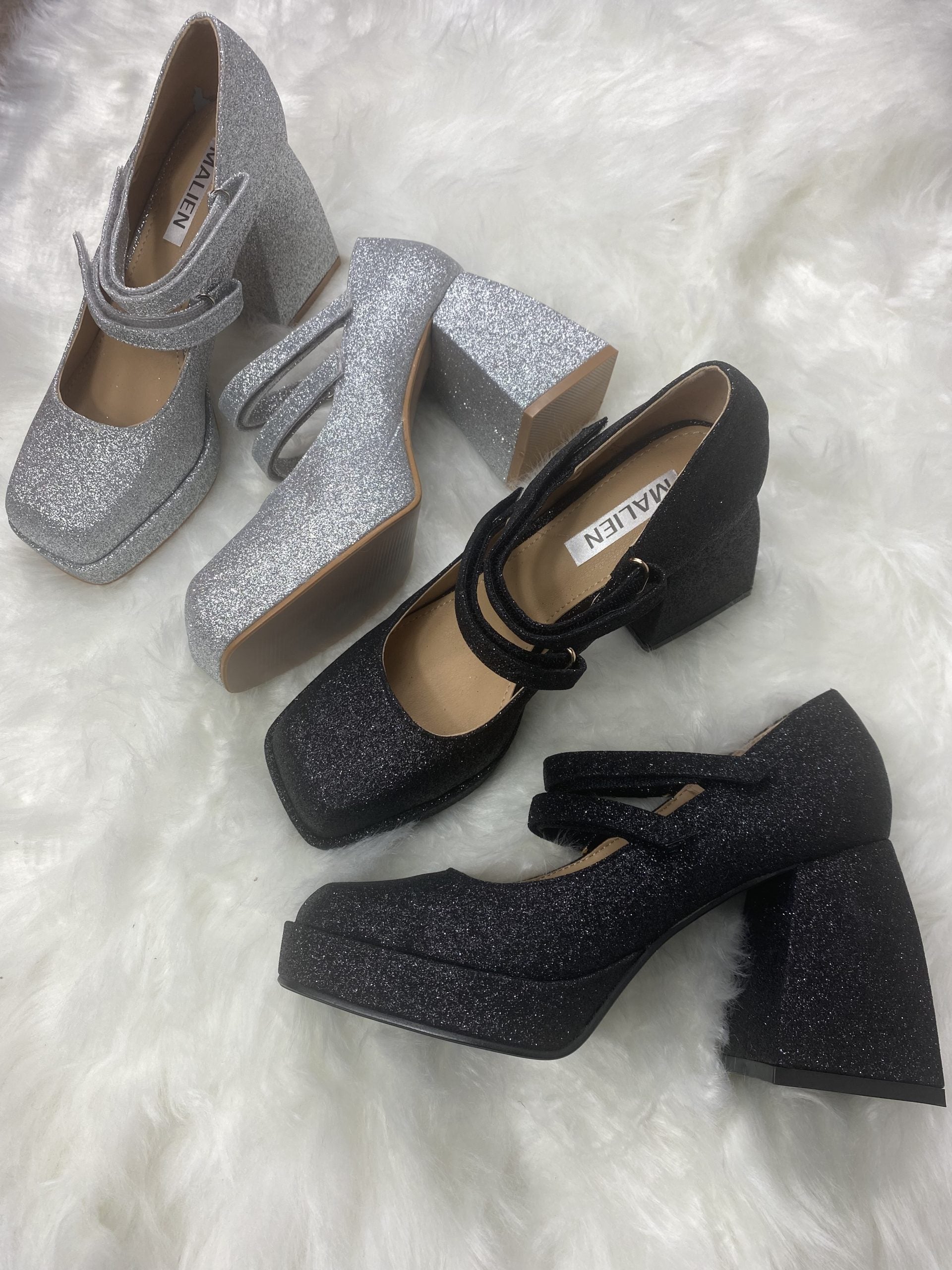 Mary Jane Shine Doppio Cinturino - Glitter Nero