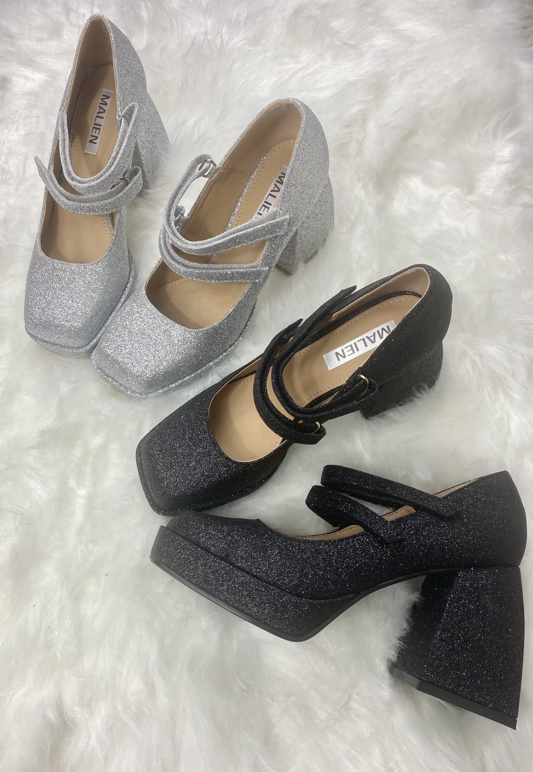 Mary Jane Shine Doppio Cinturino - Glitter Argento