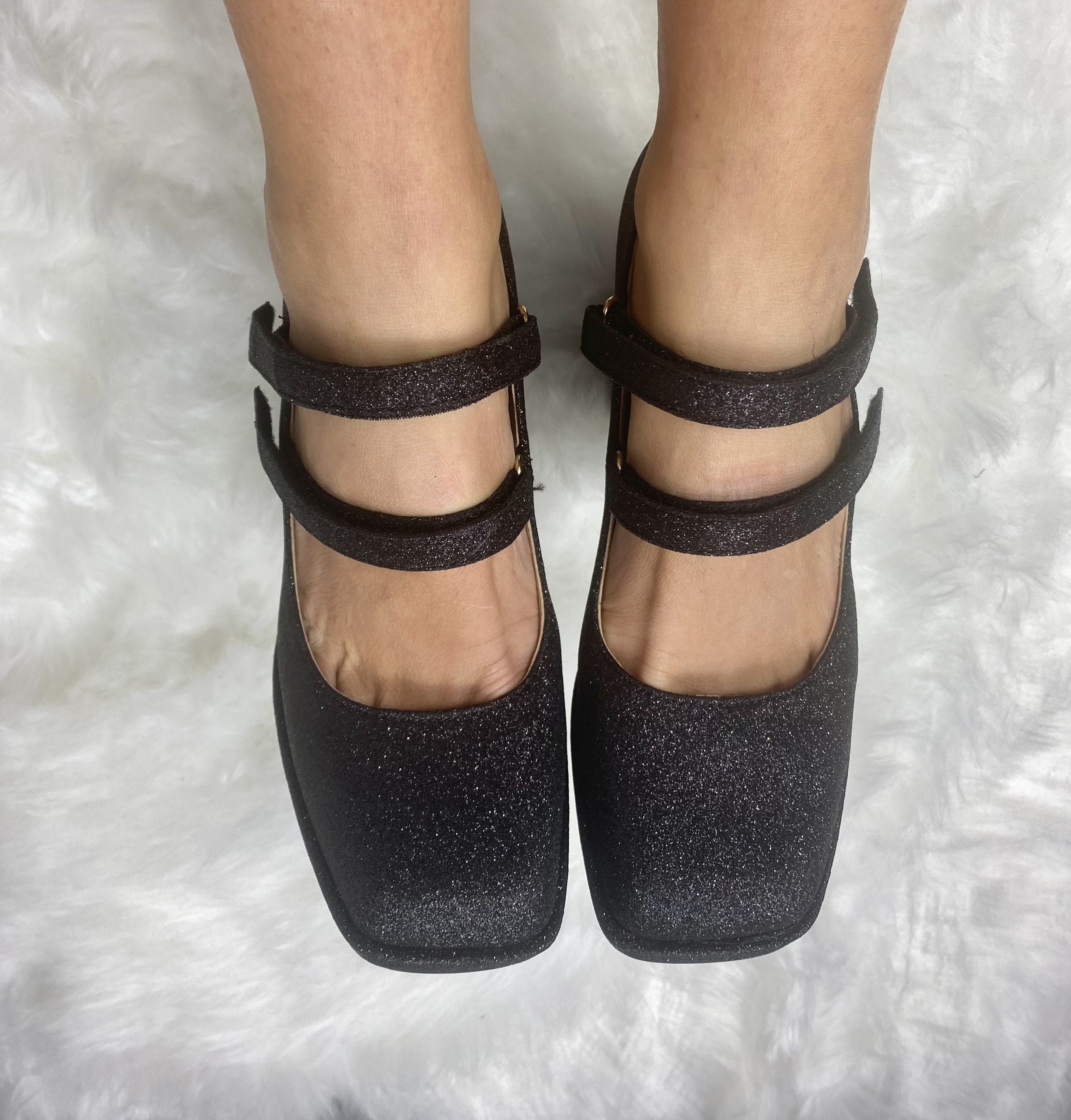 Mary Jane Shine Doppio Cinturino - Glitter Nero