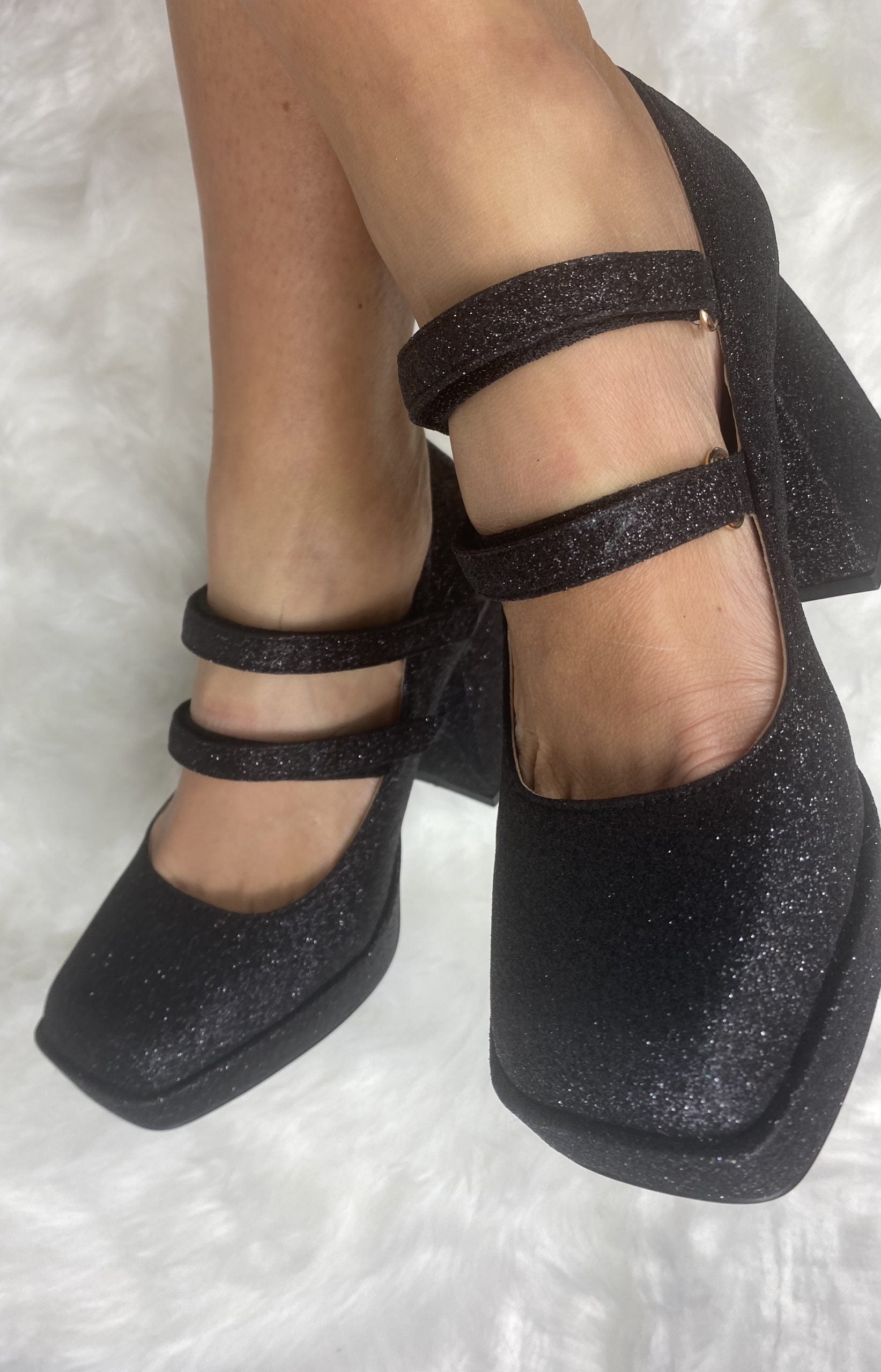 Mary Jane Shine Doppio Cinturino - Glitter Nero