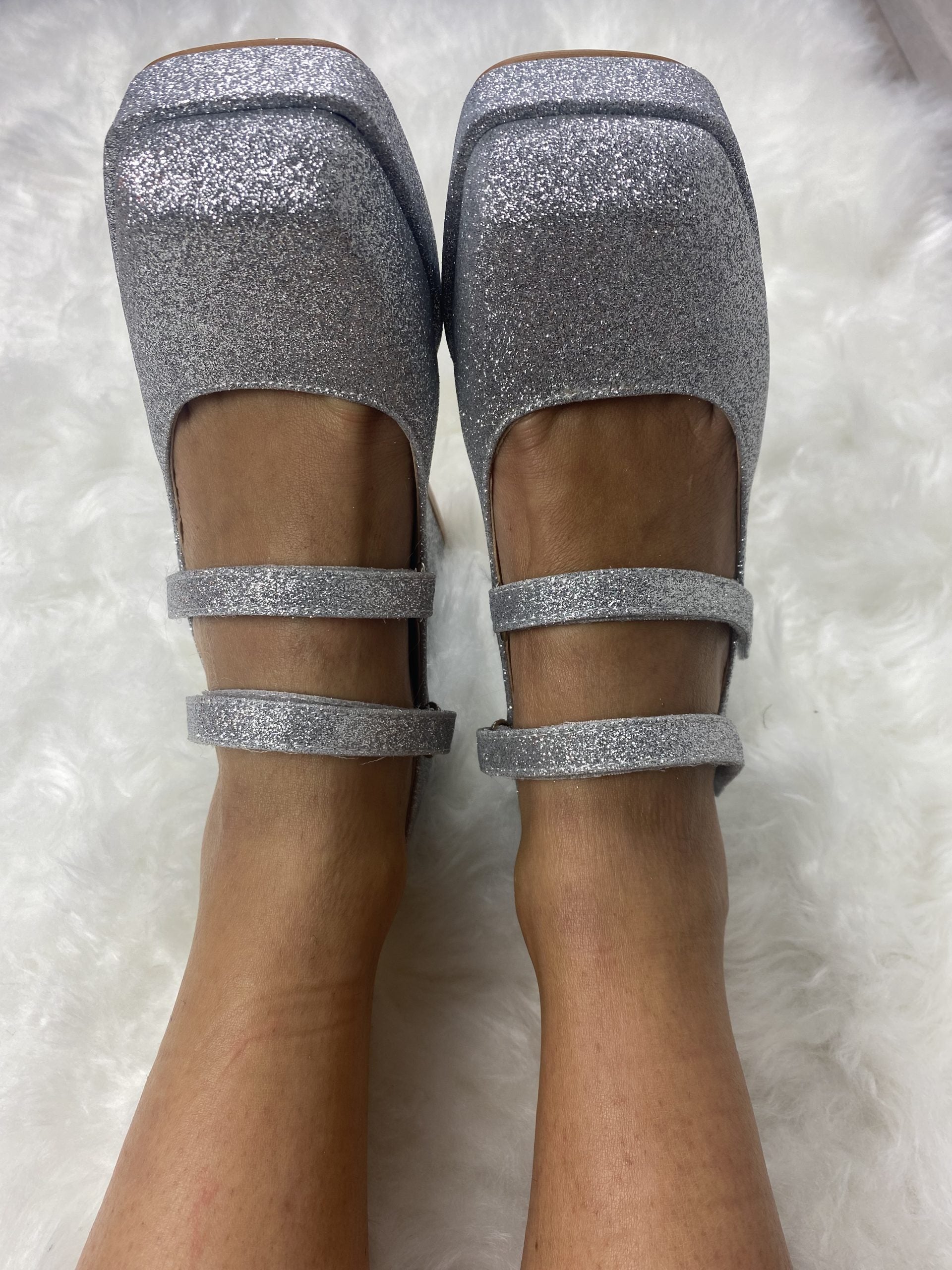 Mary Jane Shine Doppio Cinturino - Glitter Argento