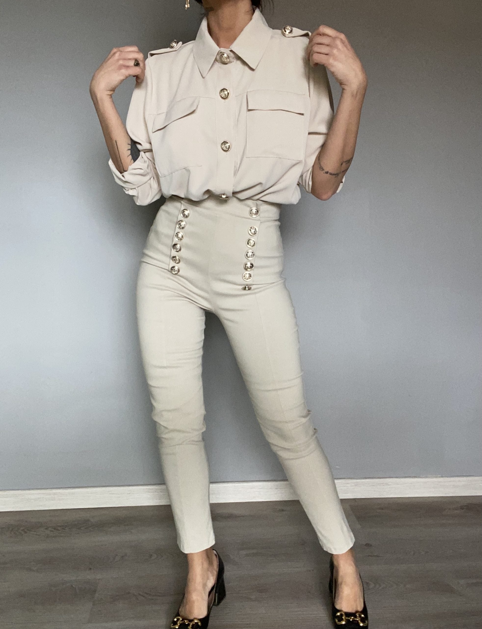 Pantaloni Skinny Bottoni Gioiello - Beige