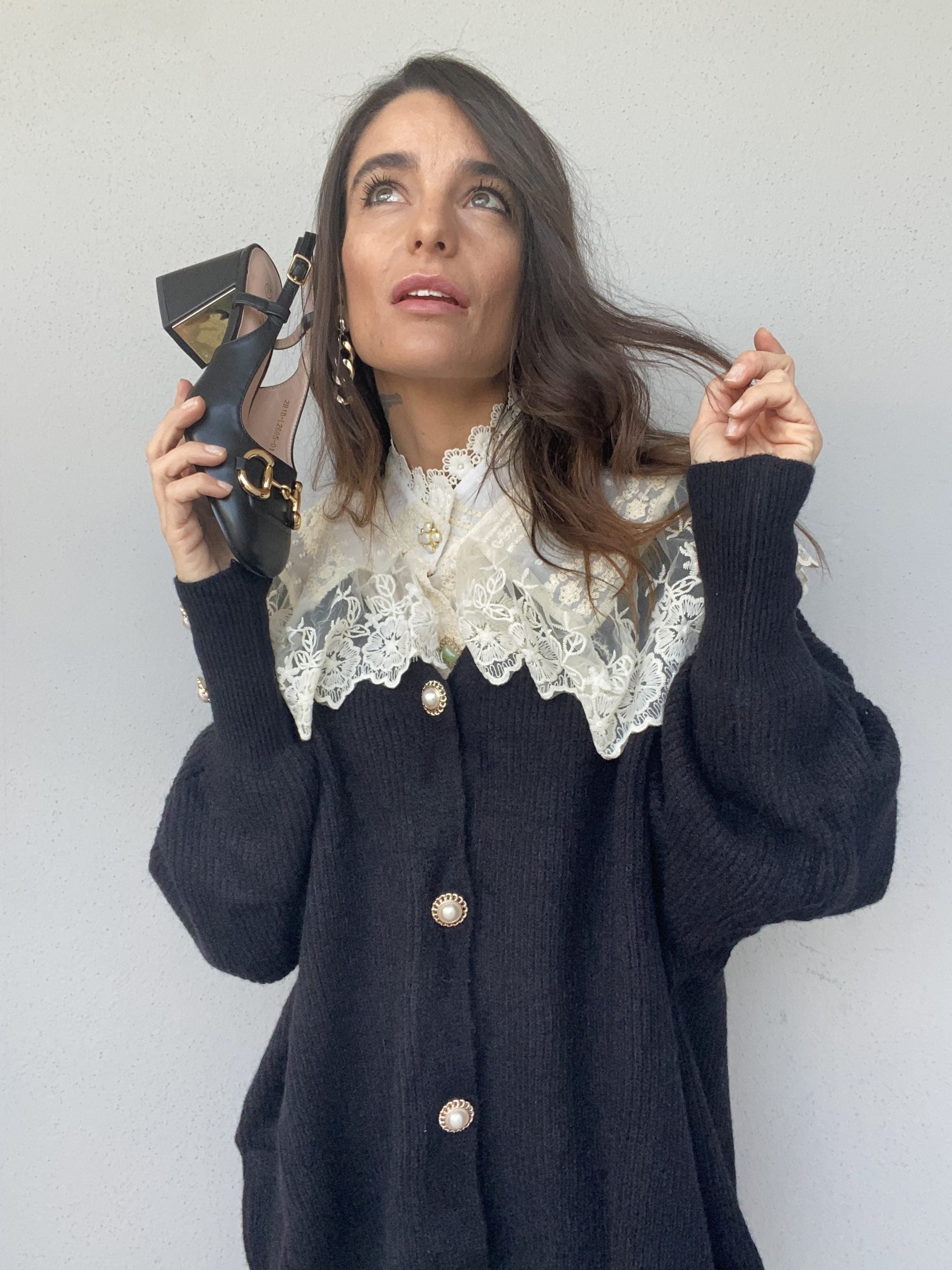 Camicia Vittoriana Maxi Colletto Bottoni Gioiello - Bianco / Panna