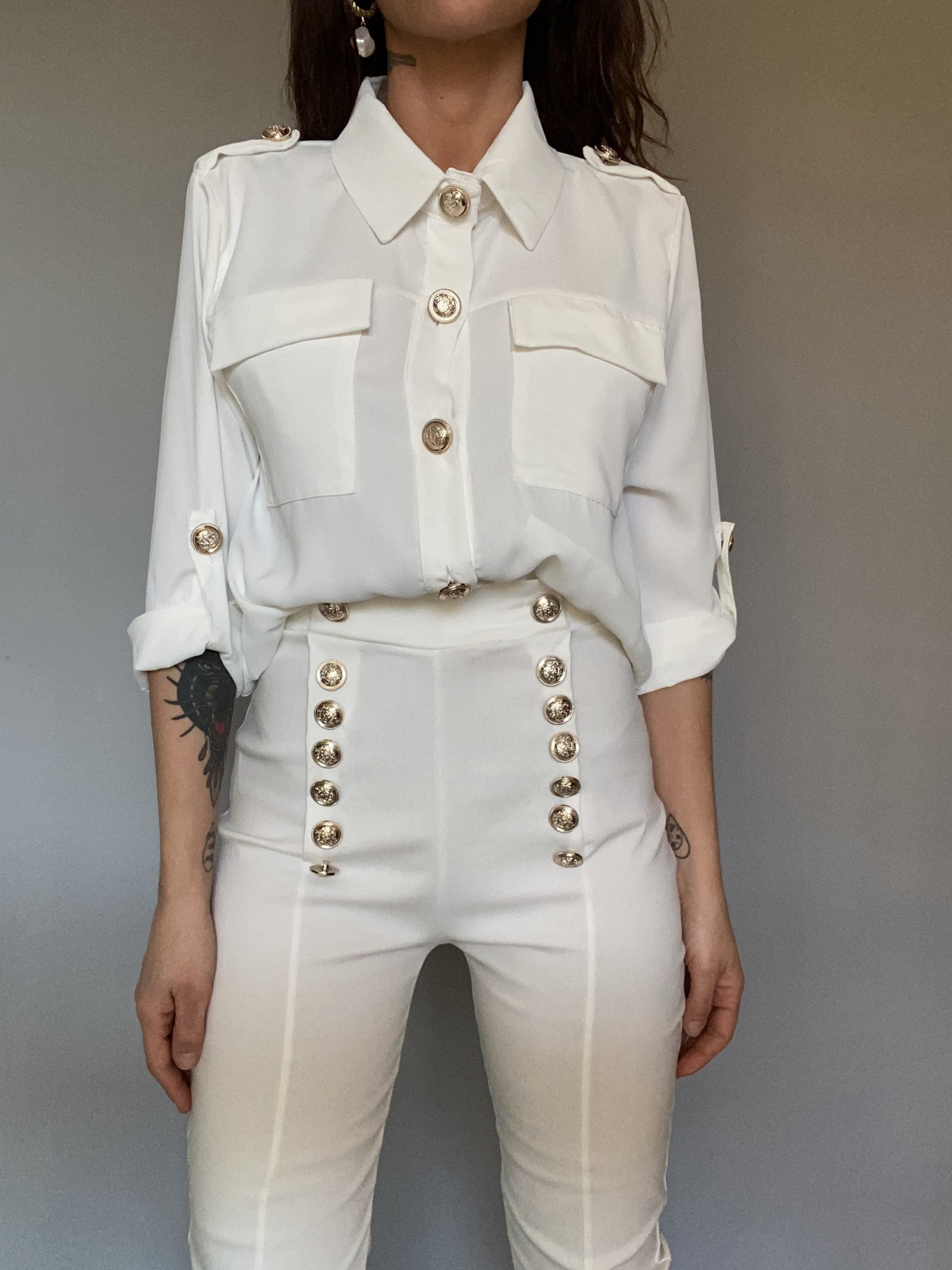 Pantaloni Skinny Bottoni Gioiello - Bianco