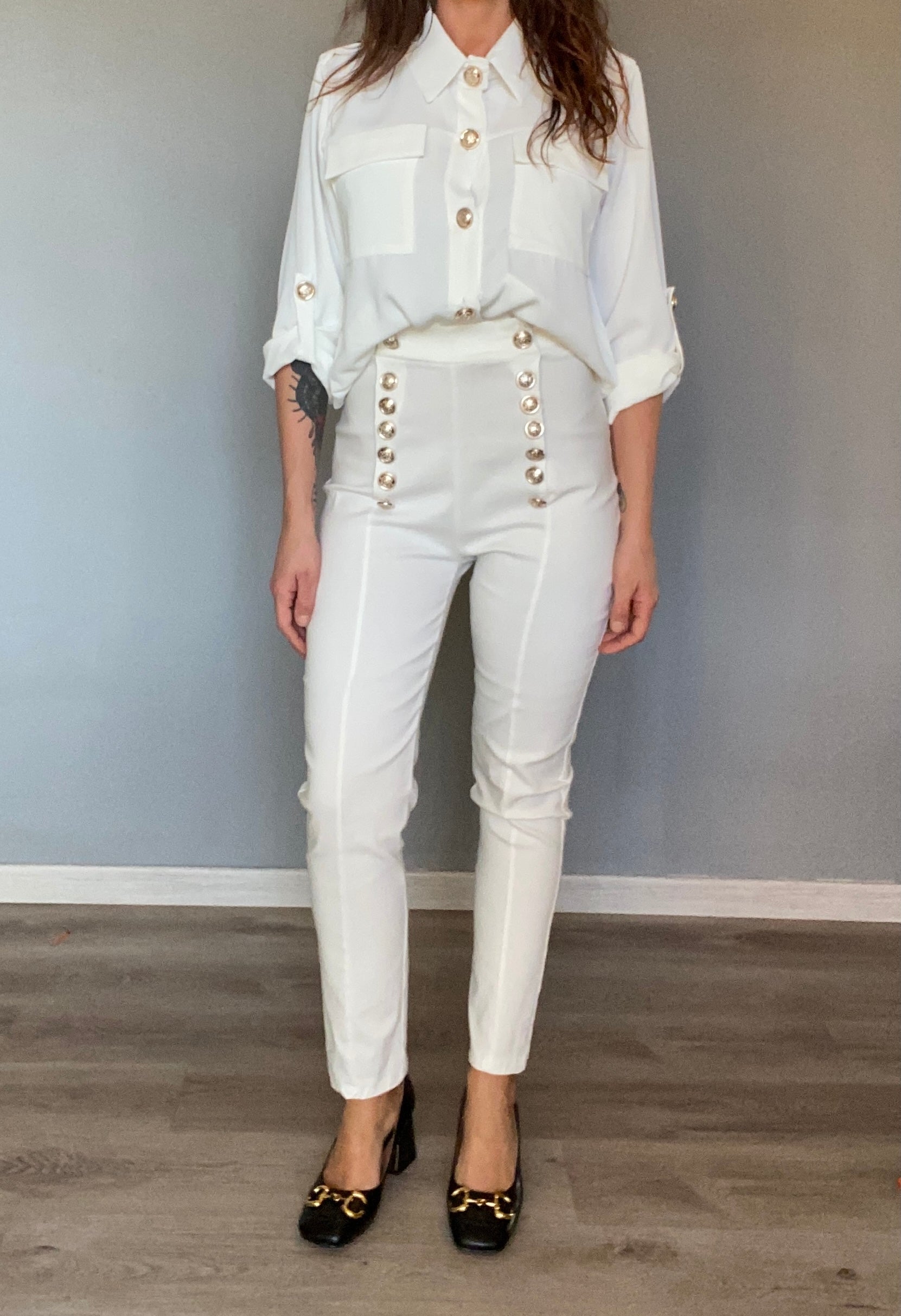 Pantaloni Skinny Bottoni Gioiello - Bianco