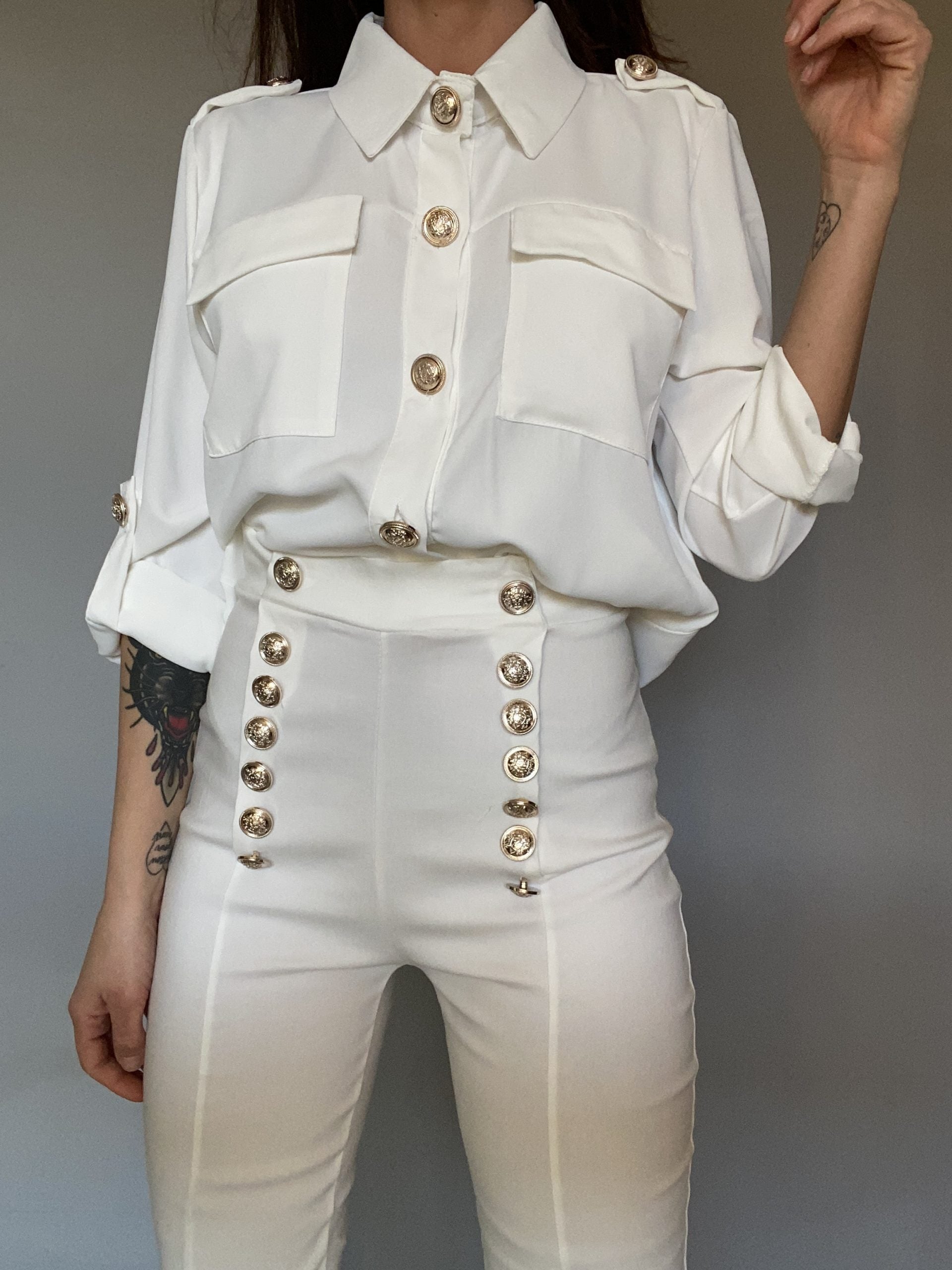 Pantaloni Skinny Bottoni Gioiello - Bianco