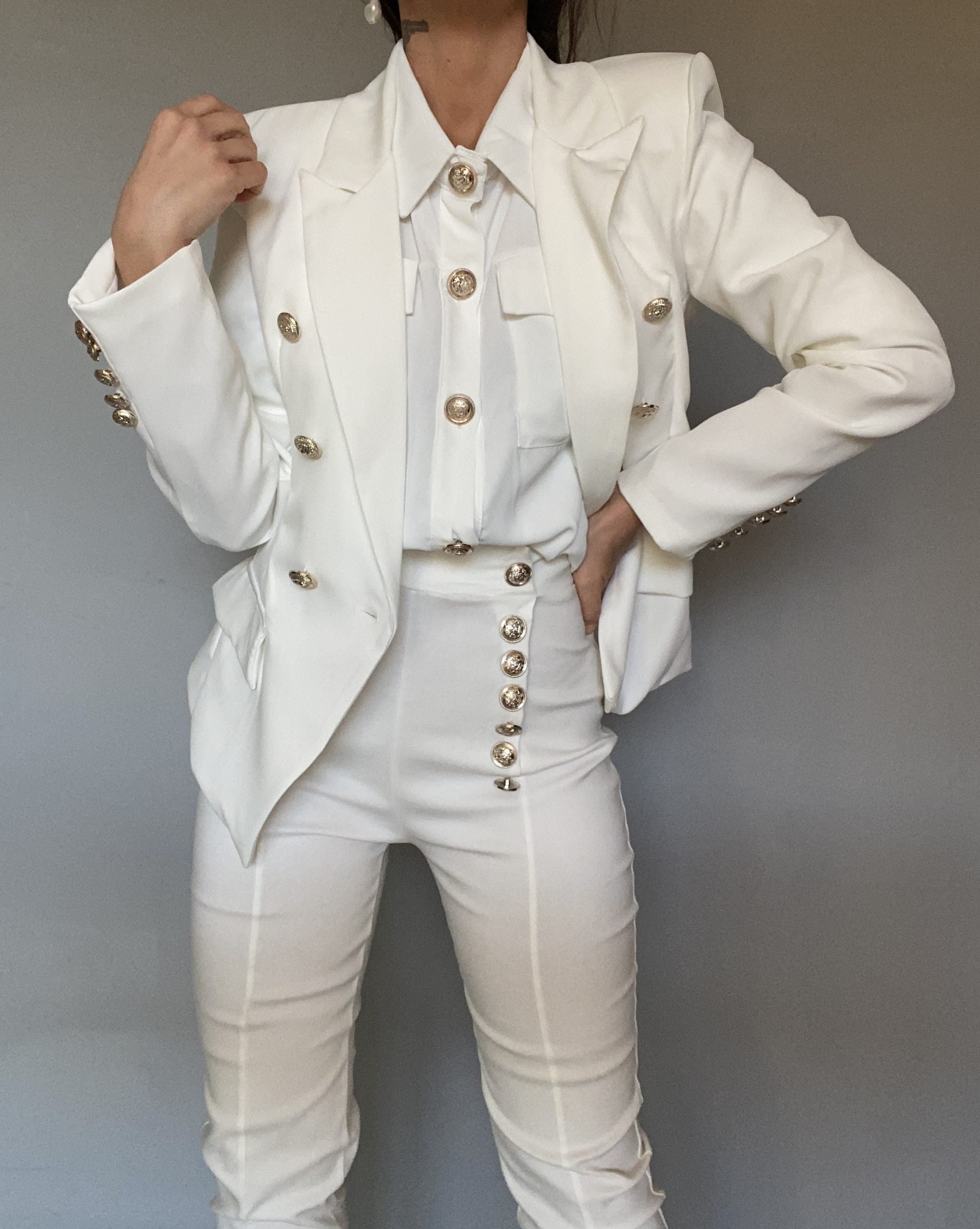 Pantaloni Skinny Bottoni Gioiello - Bianco