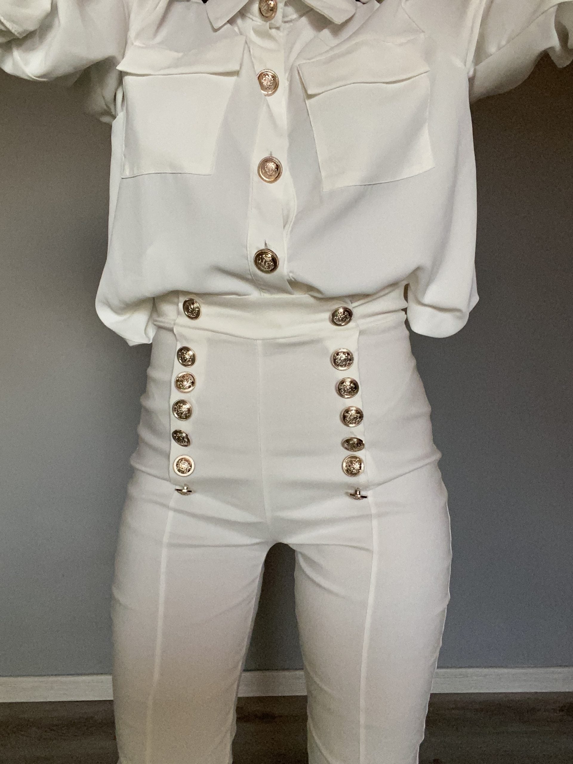 Pantaloni Skinny Bottoni Gioiello - Bianco