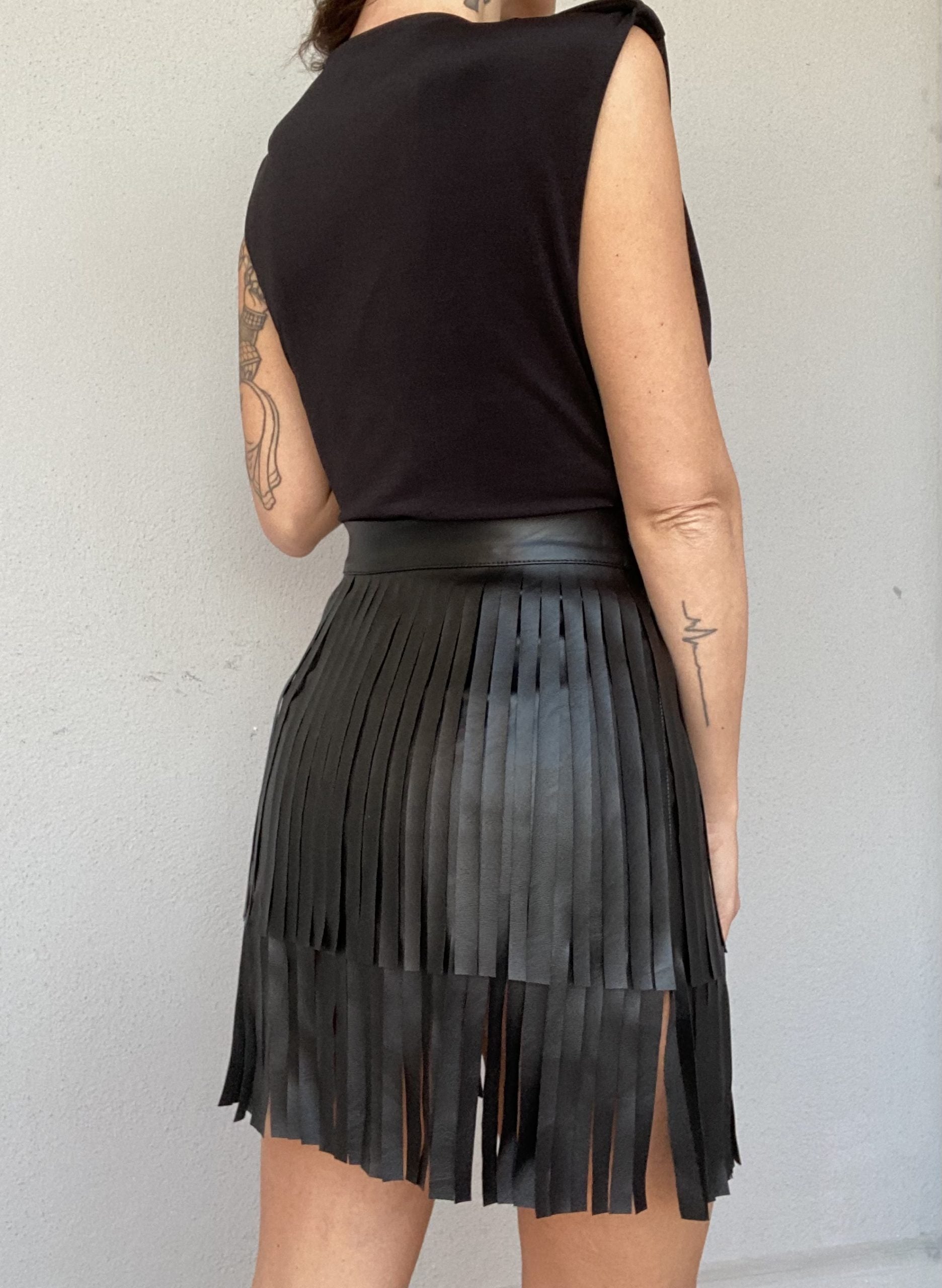 Mini Gonna Eco Pelle Frange - Nero