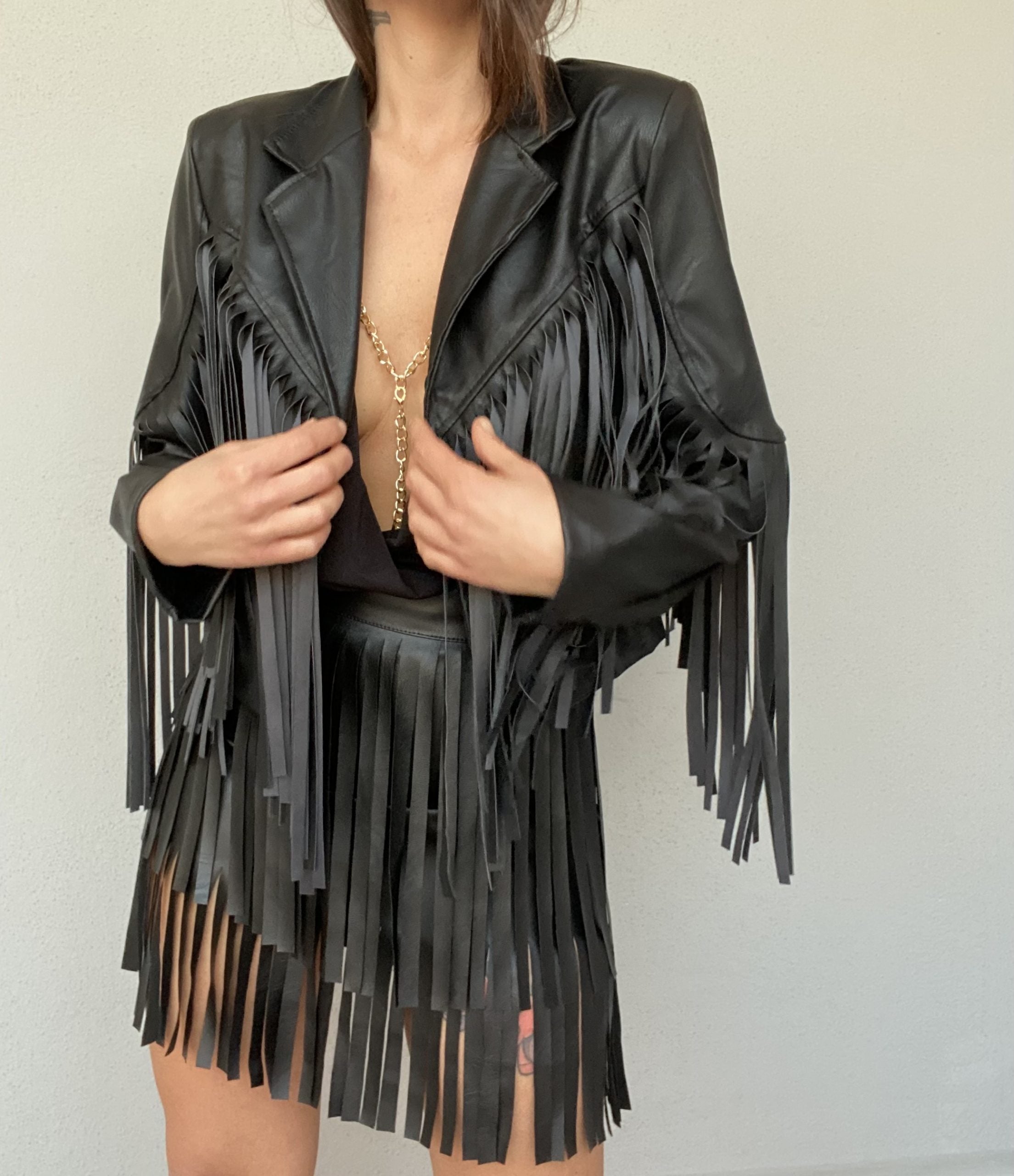 Mini Gonna Eco Pelle Frange - Nero