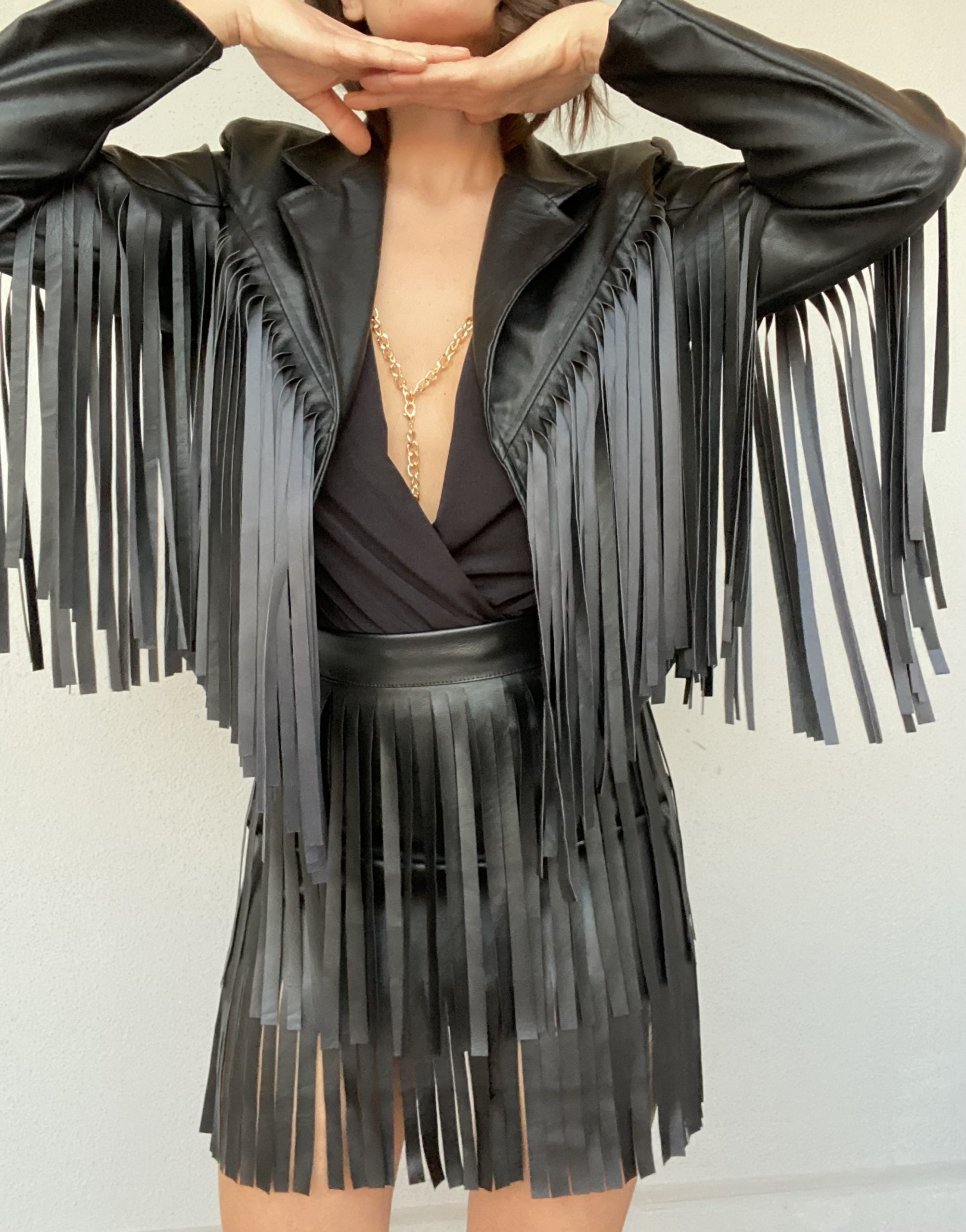 Mini Gonna Eco Pelle Frange - Nero