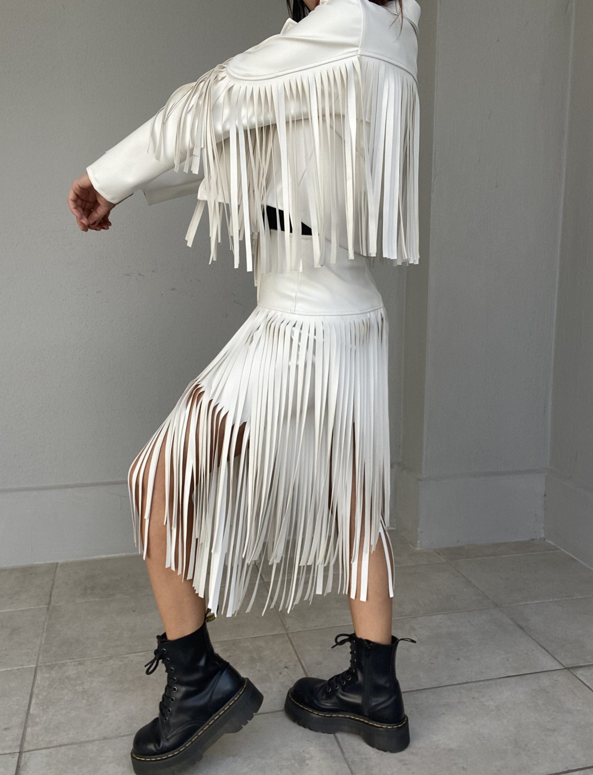 Gonna Midi Leather Frange - Bianco