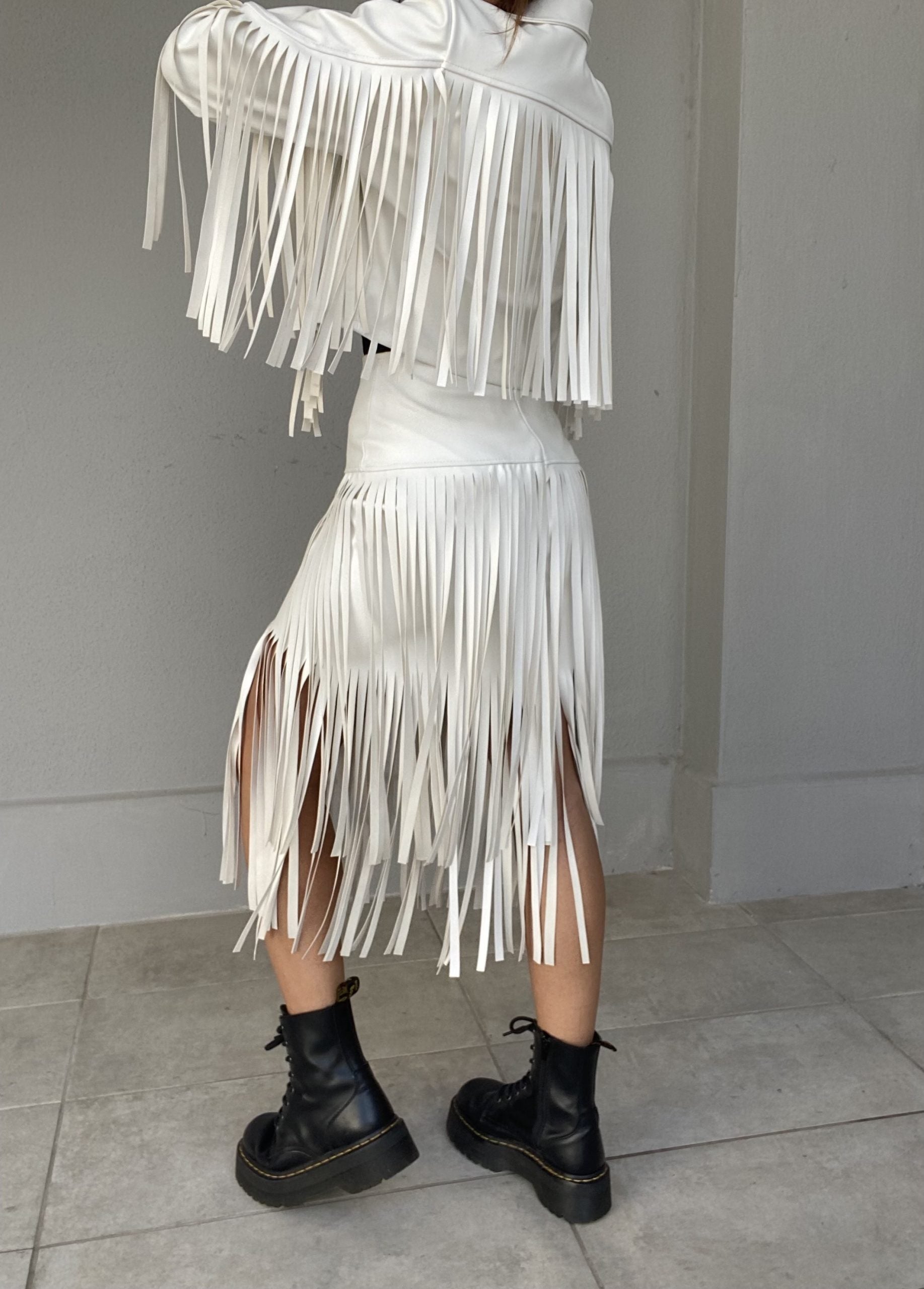 Gonna Midi Leather Frange - Bianco