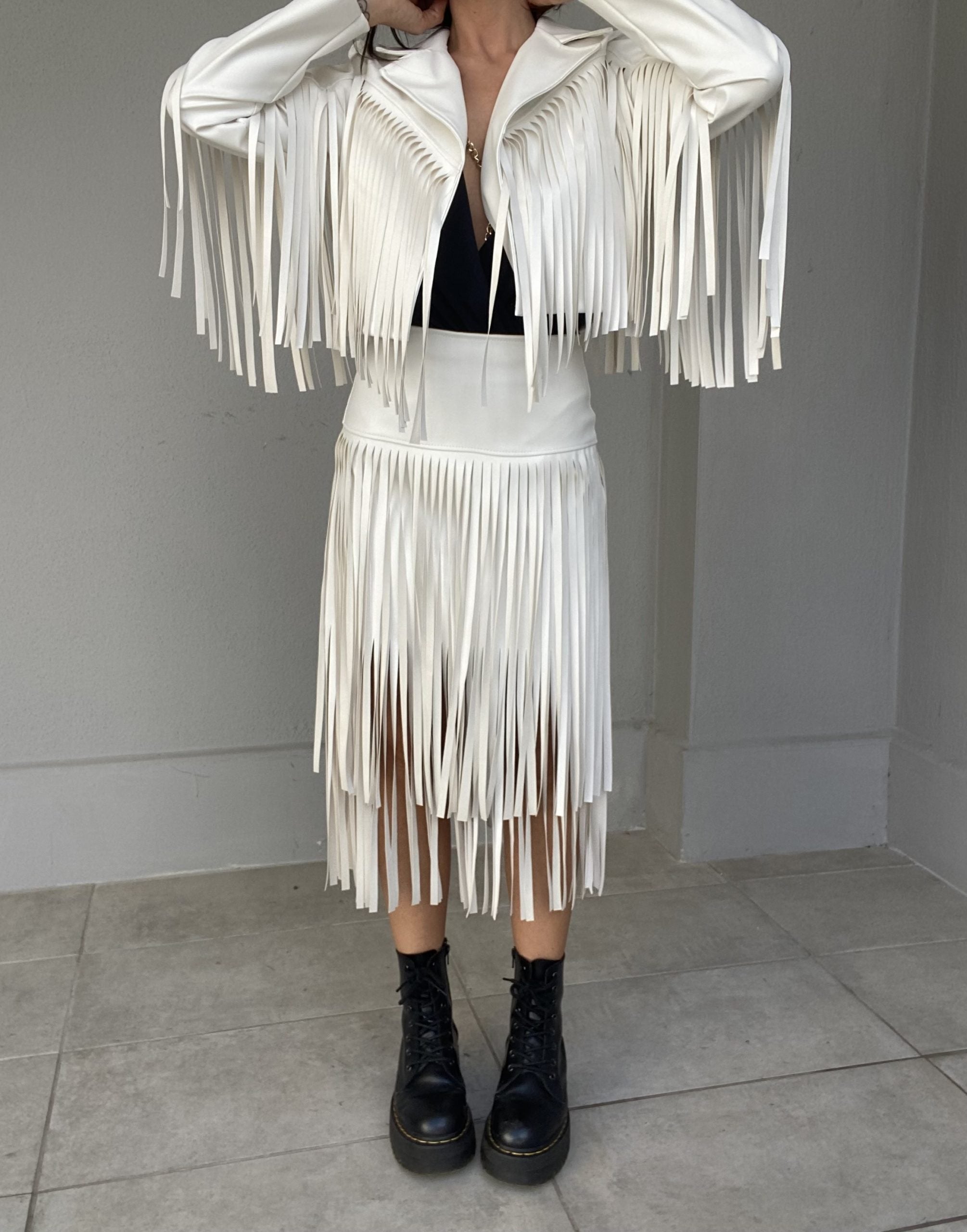 Gonna Midi Leather Frange - Bianco