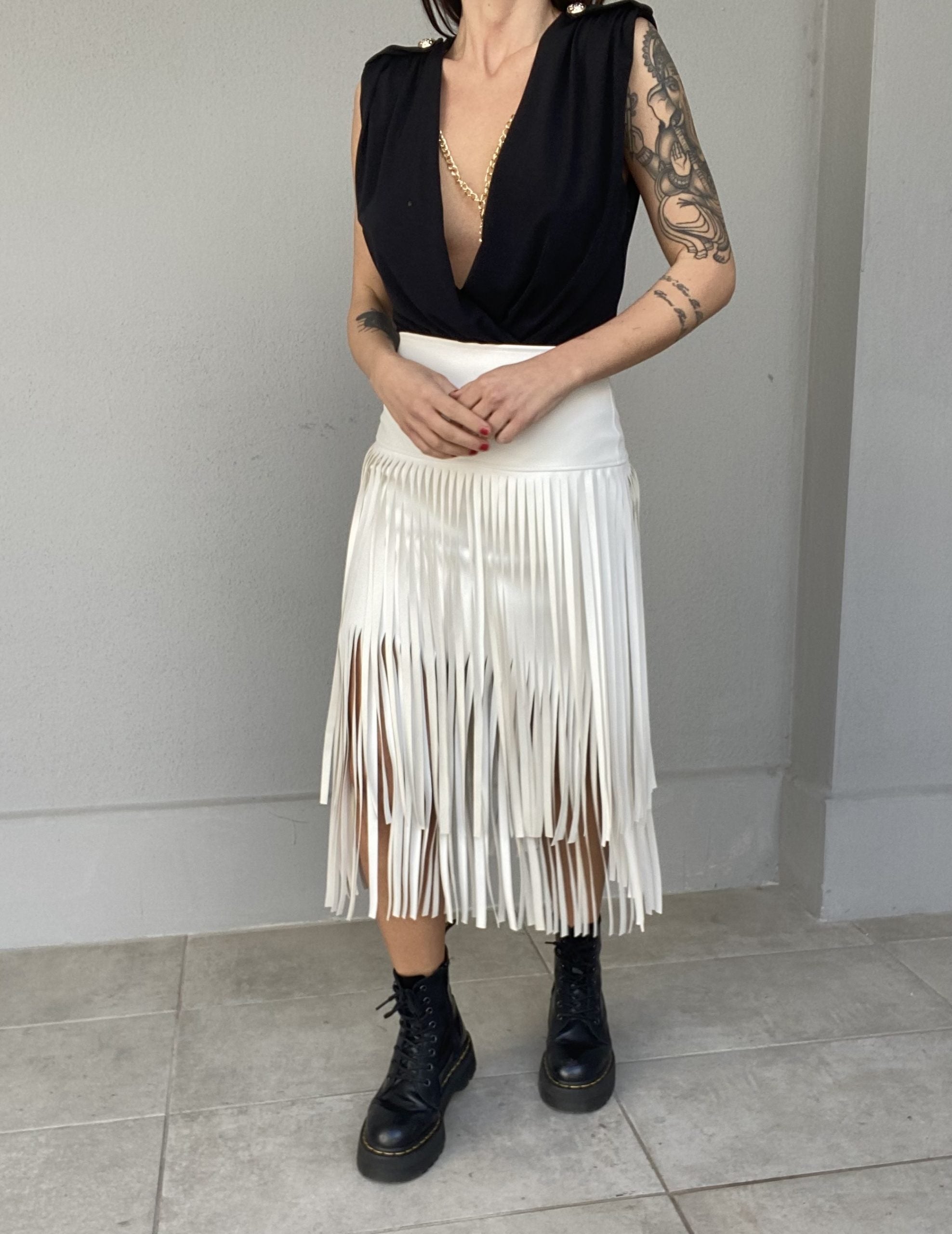 Gonna Midi Leather Frange - Bianco