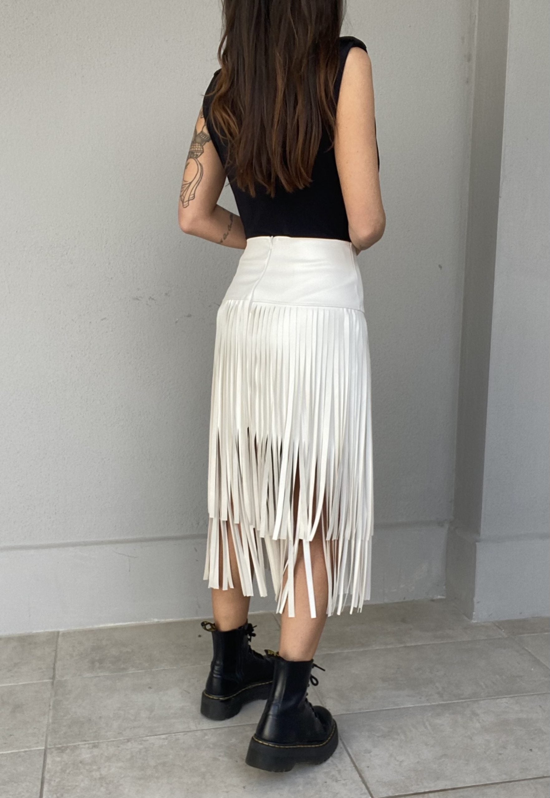 Gonna Midi Leather Frange - Bianco