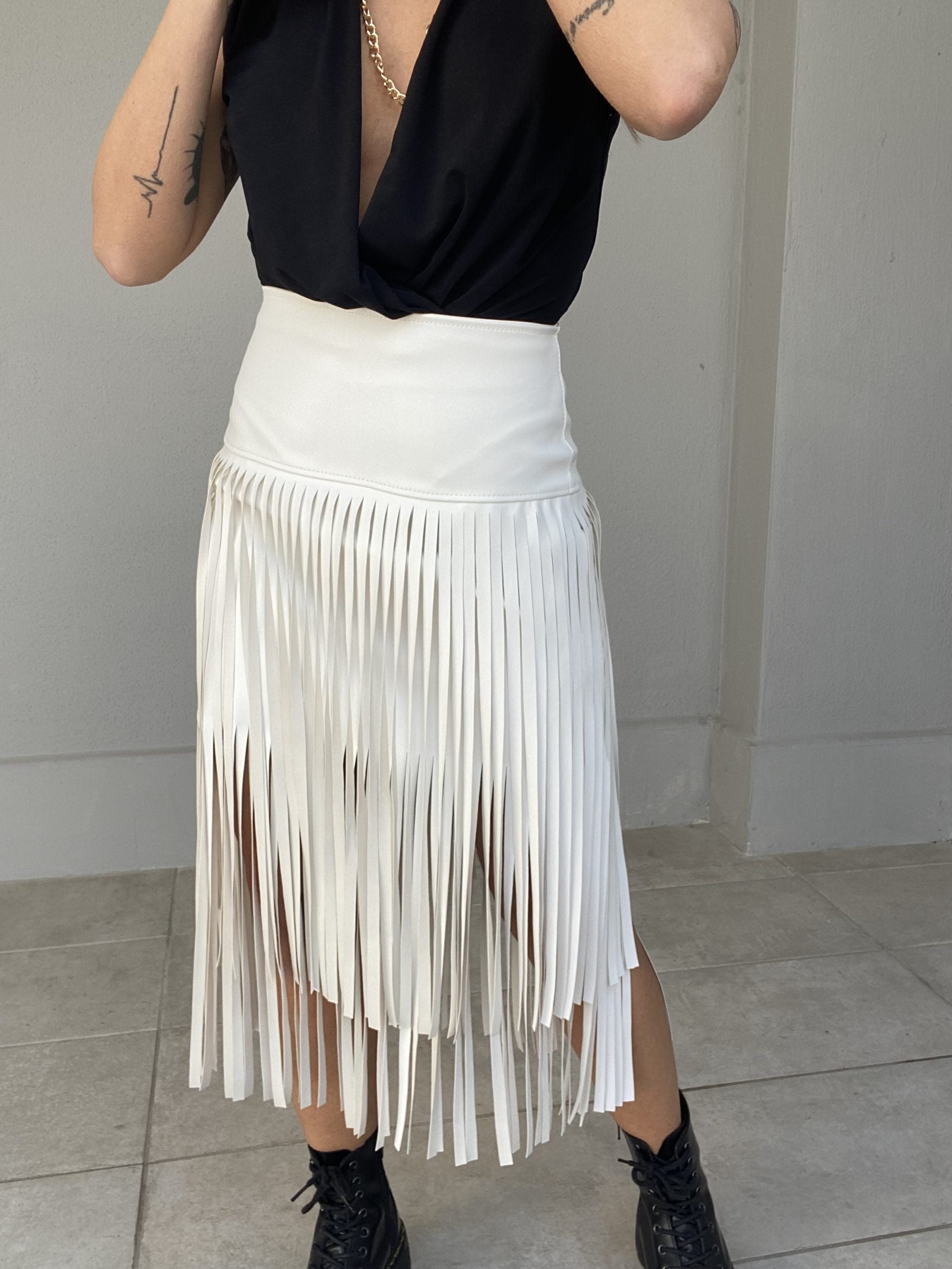 Gonna Midi Leather Frange - Bianco