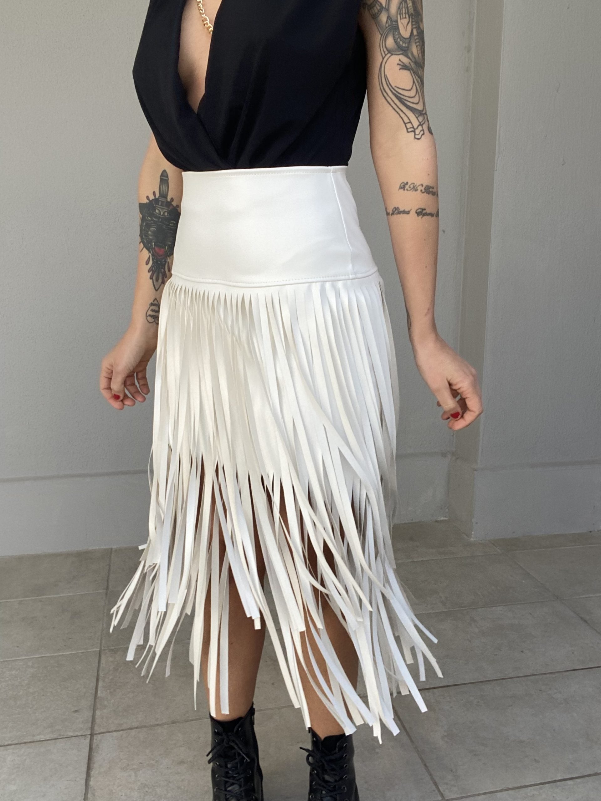 Gonna Midi Leather Frange - Bianco