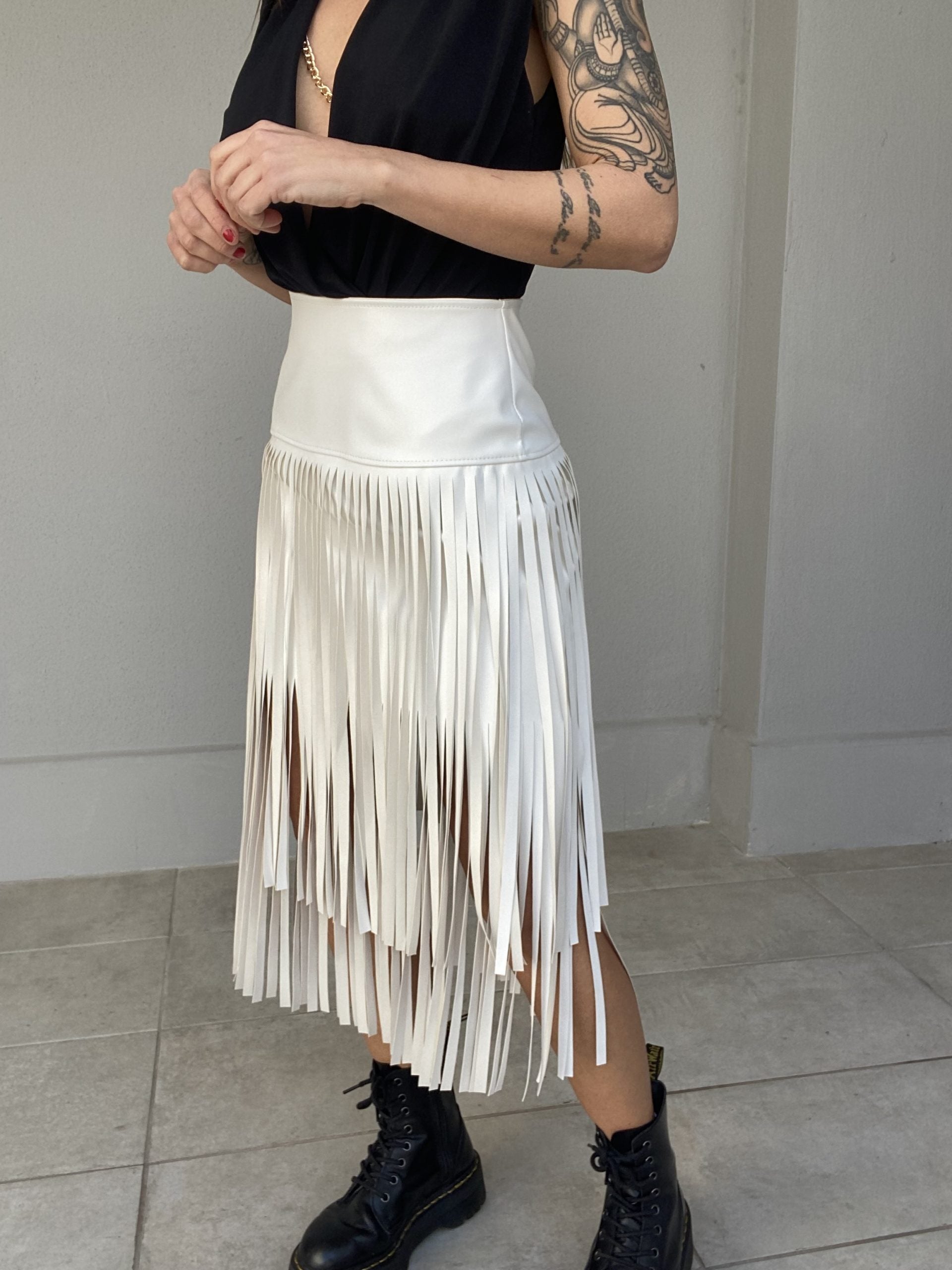 Gonna Midi Leather Frange - Bianco