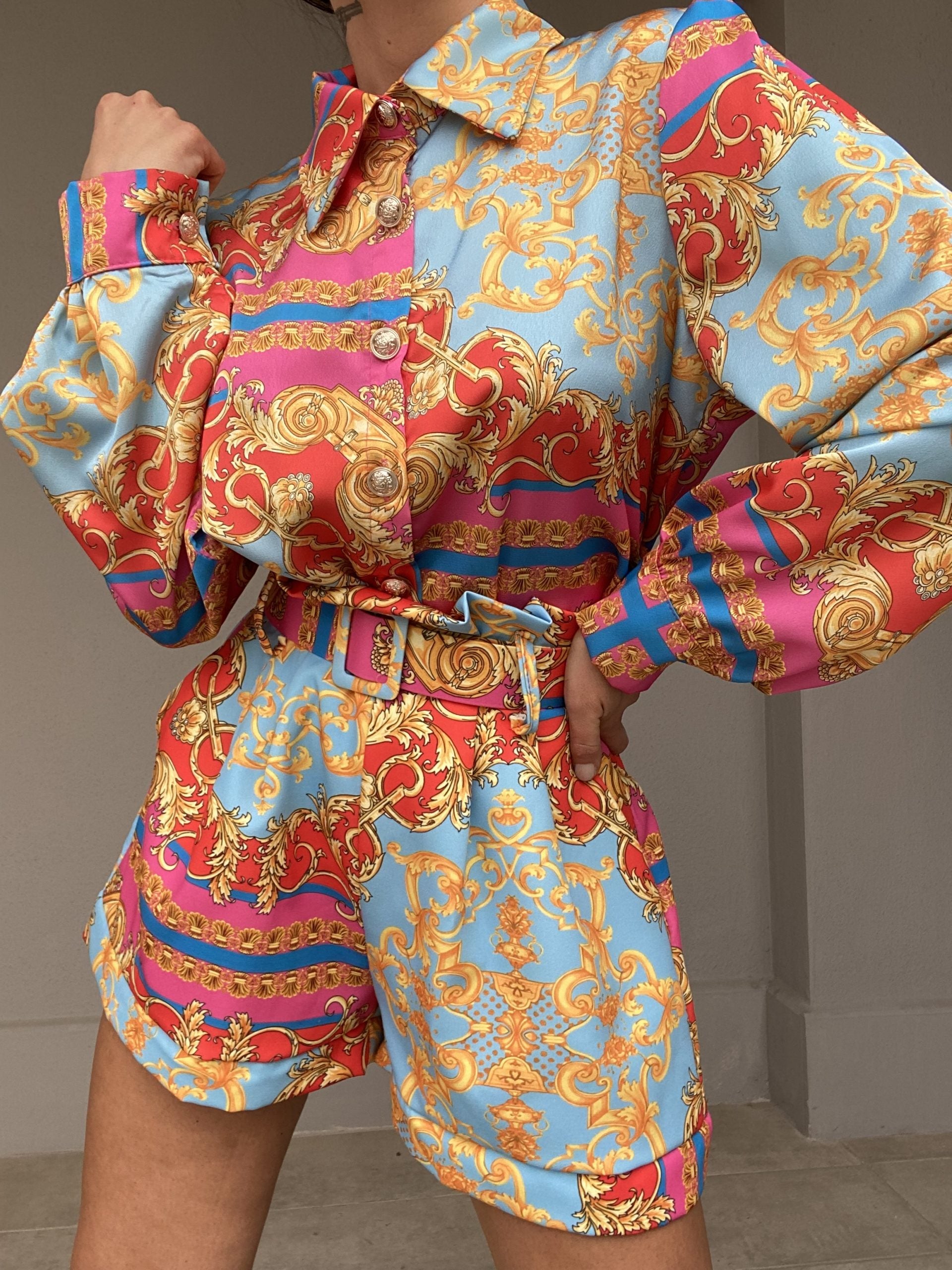 Shorts Paper Bag Print Barocca - Celeste / Rosa