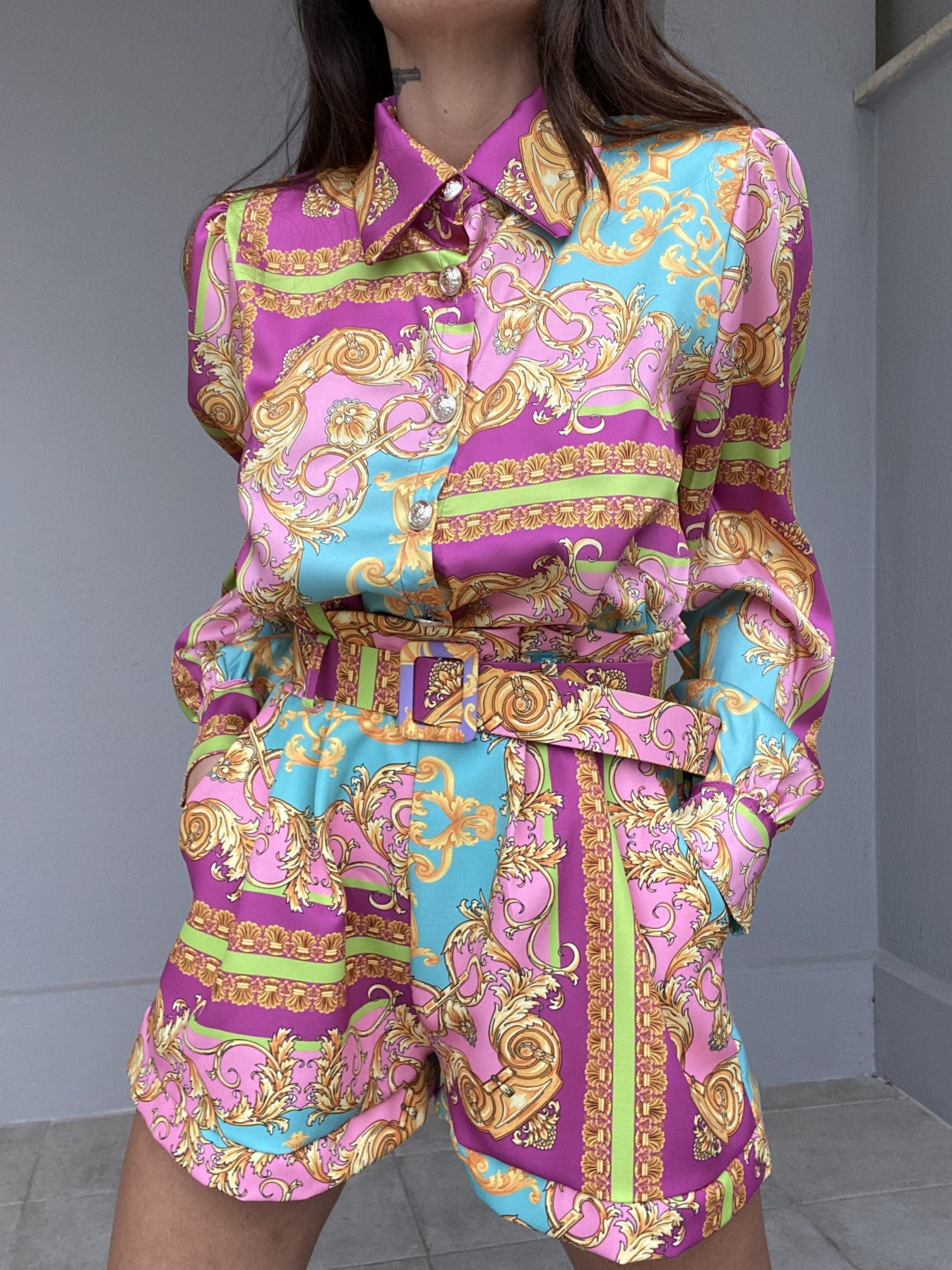 Shorts Paper Bag Print Barocca - Celeste / Rosa