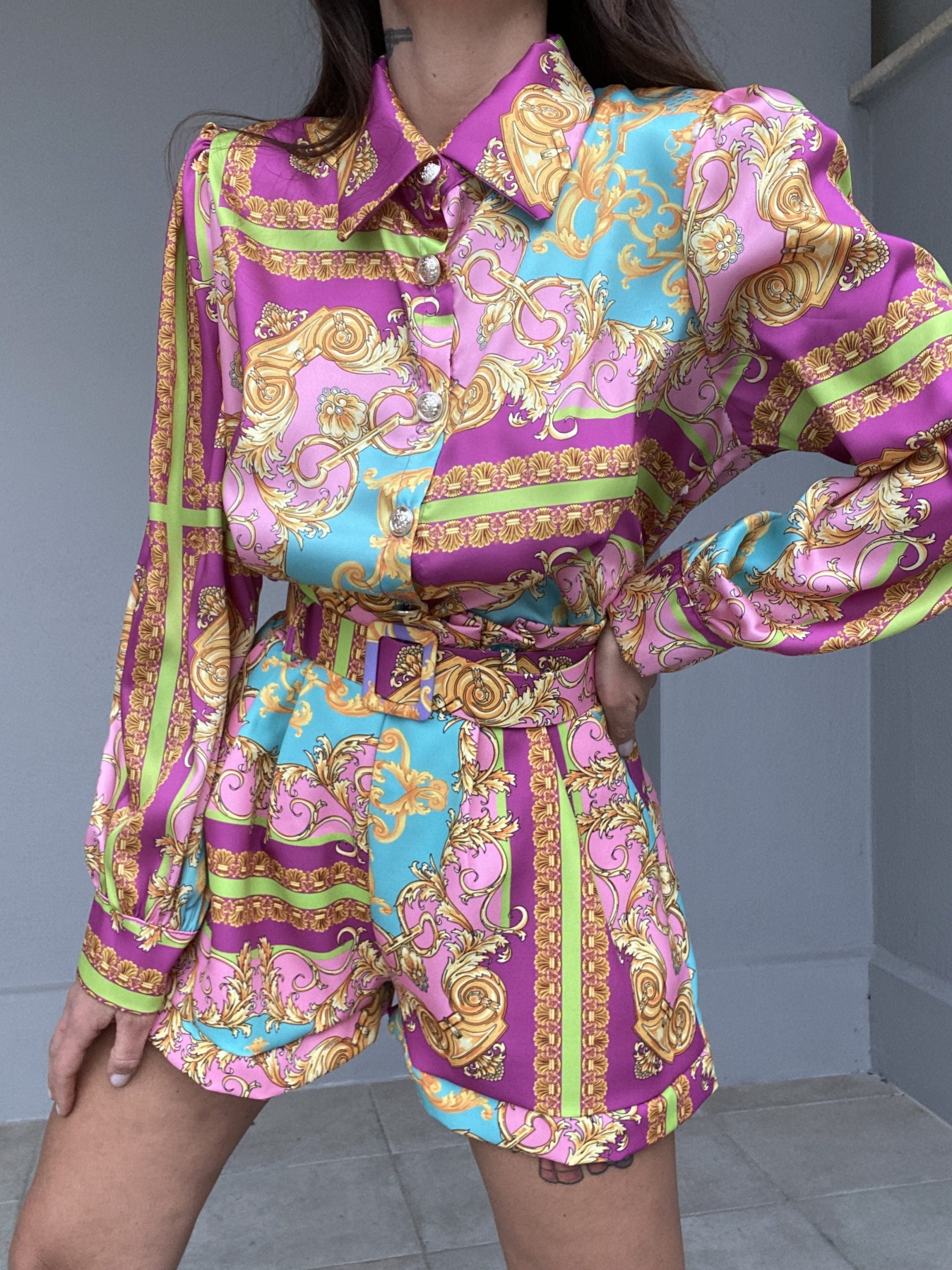 Shorts Paper Bag Print Barocca - Celeste / Rosa