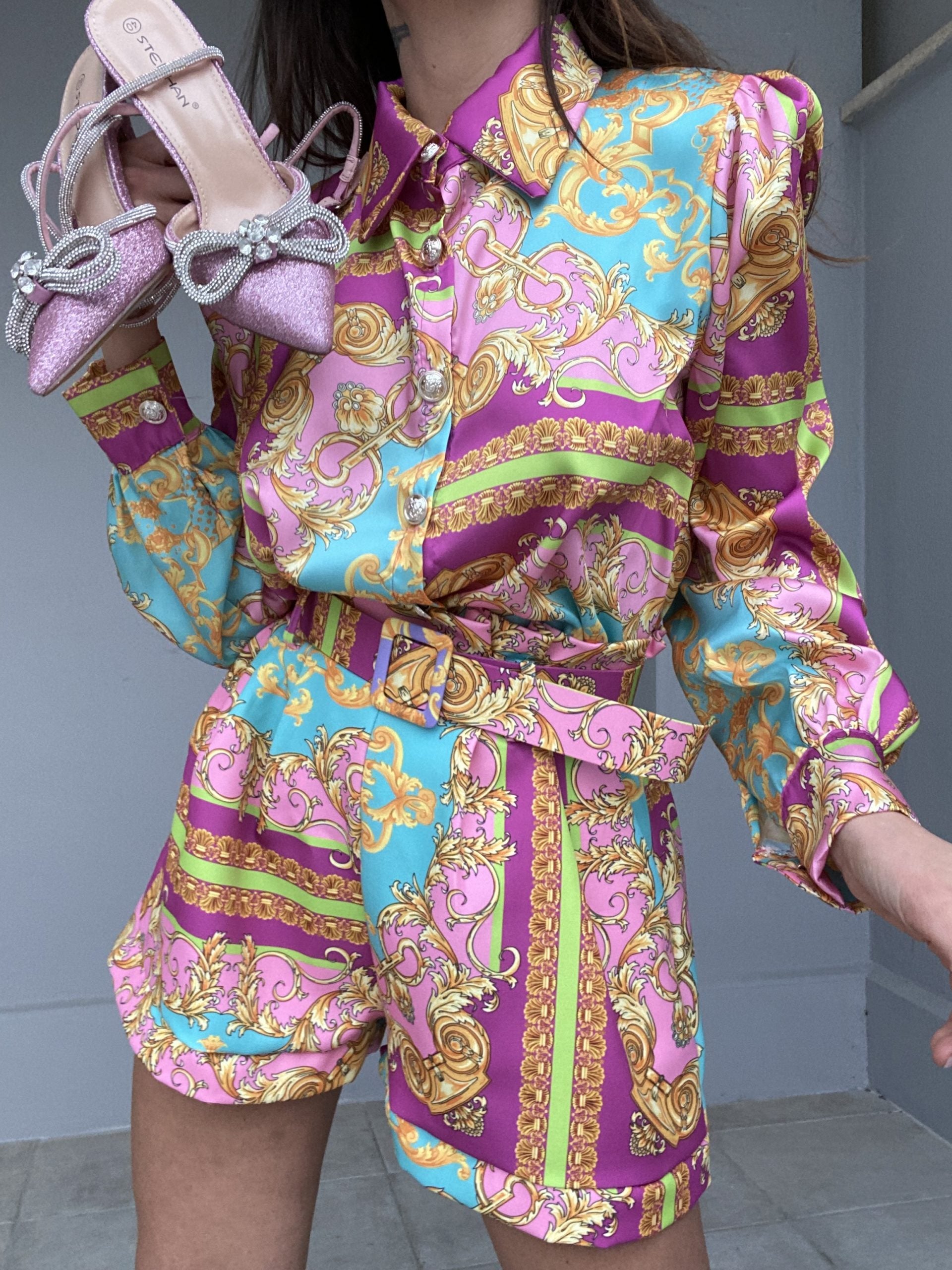 Shorts Paper Bag Print Barocca - Celeste / Rosa