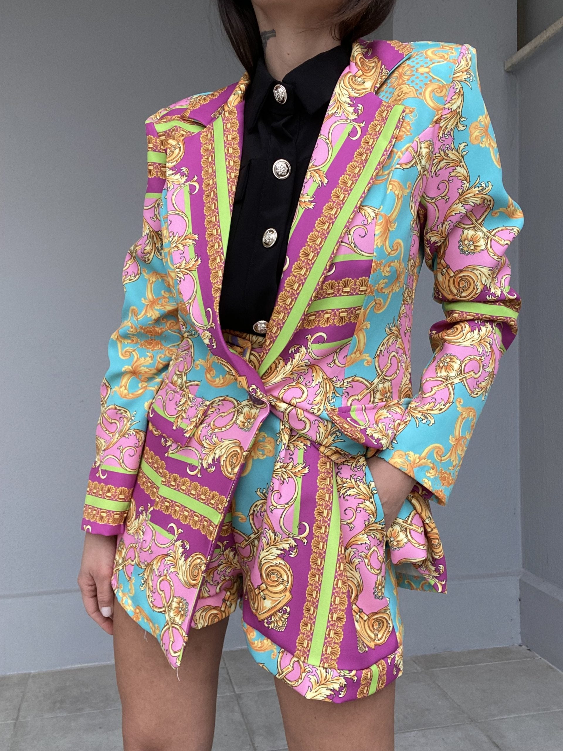 Shorts Paper Bag Print Barocca - Celeste / Rosa