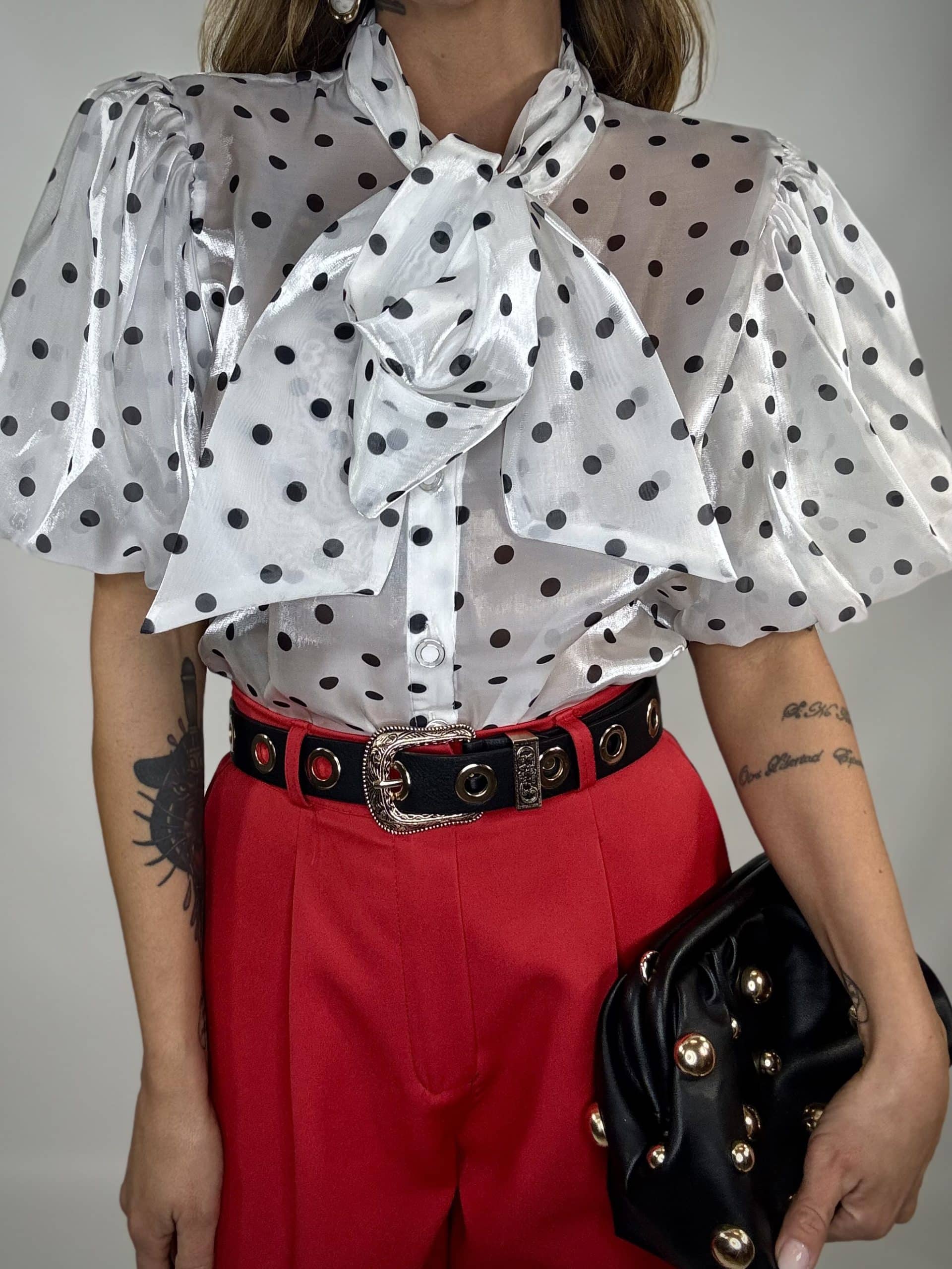 Camicia Pois con Fiocco - Bianco / Nero