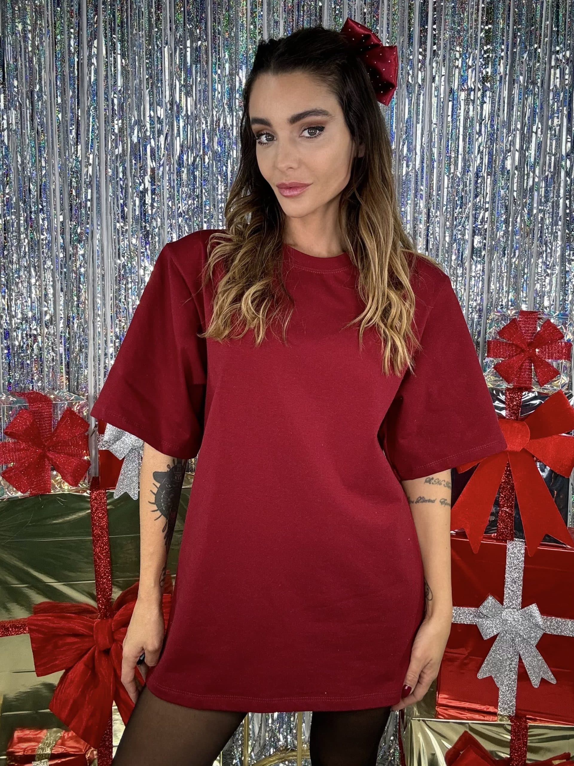 T-shirt Over Spalline Imbottite - Rosso Wine