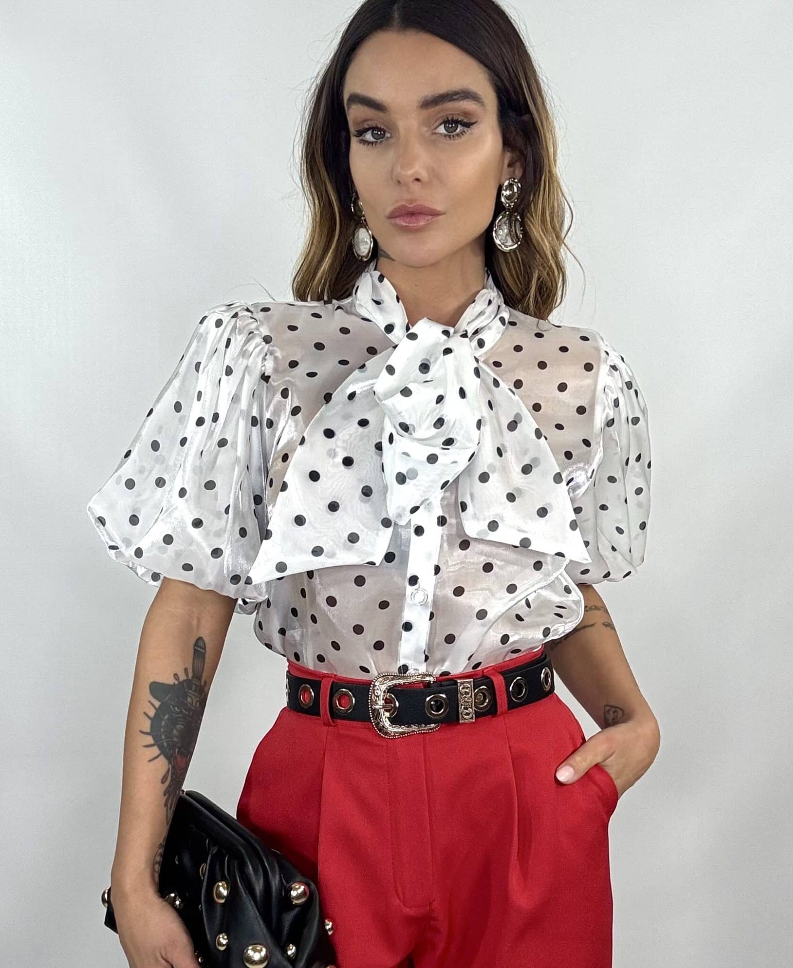 Camicia Pois con Fiocco - Bianco / Nero