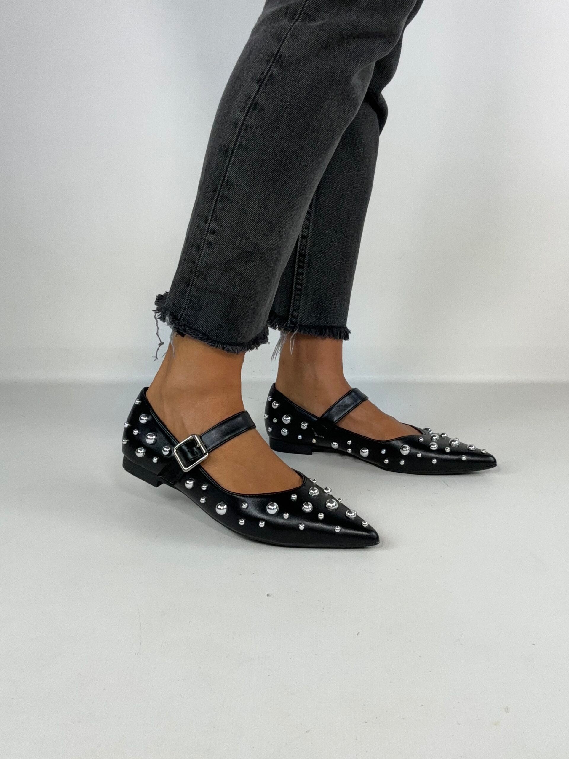 Ballerina Mary Jane Con Borchie - Nero