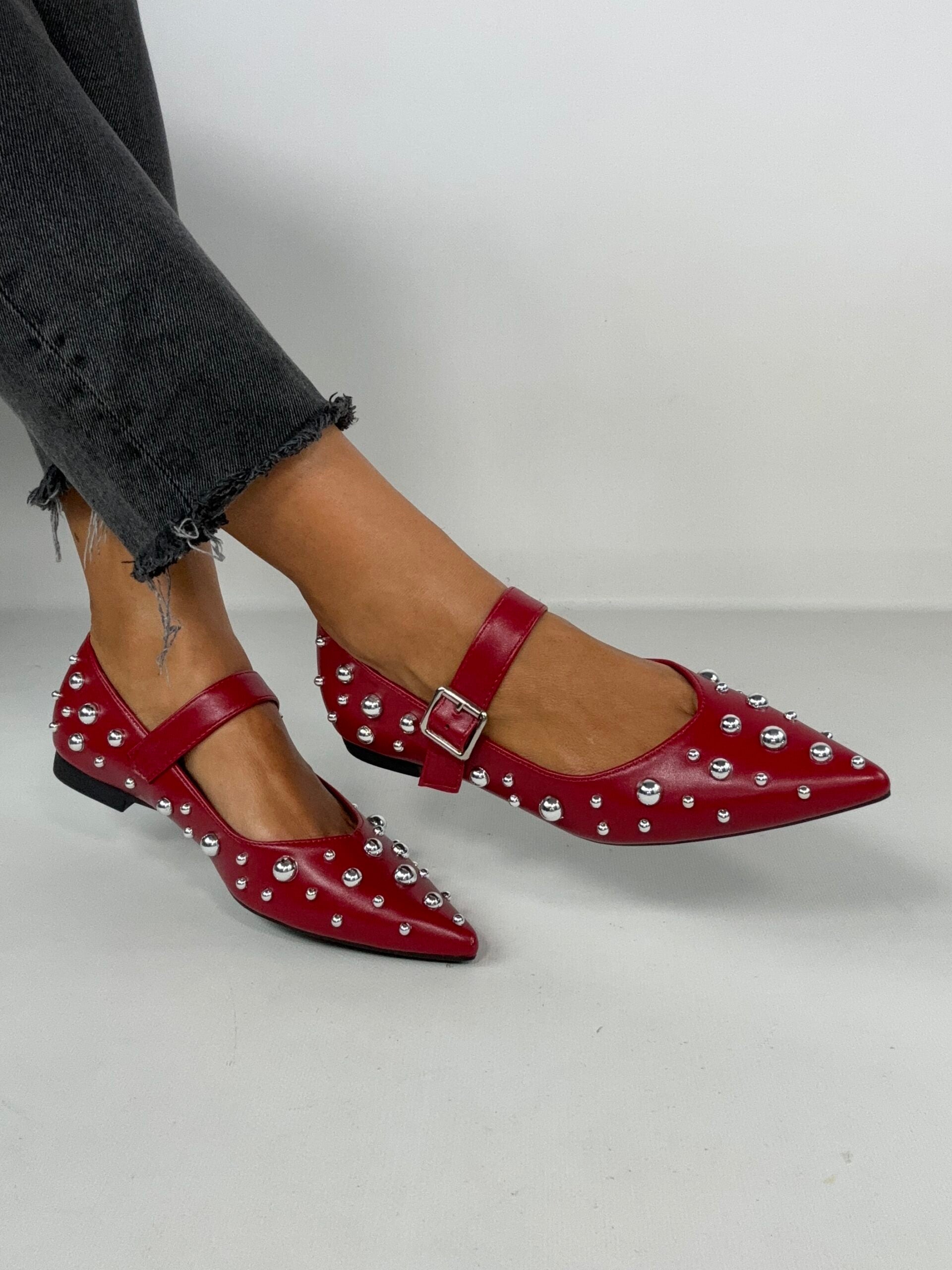 Ballerina Mary Jane Con Borchie - Rosso