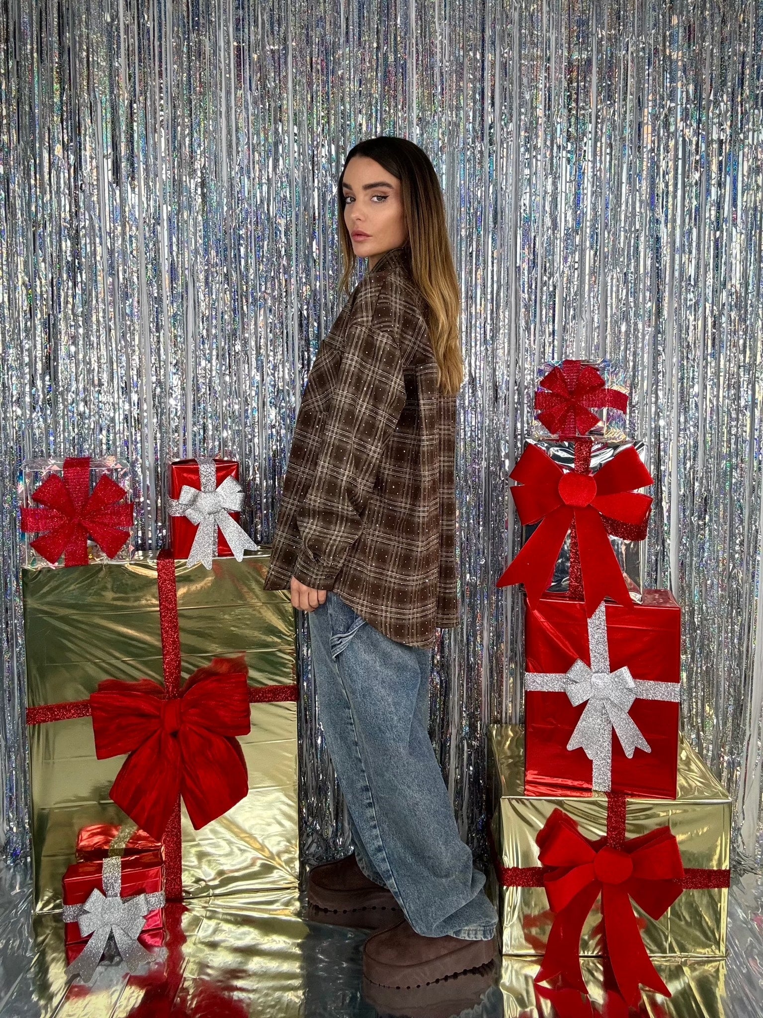 Camicia Quadri con Strass - Tortora/ marrone