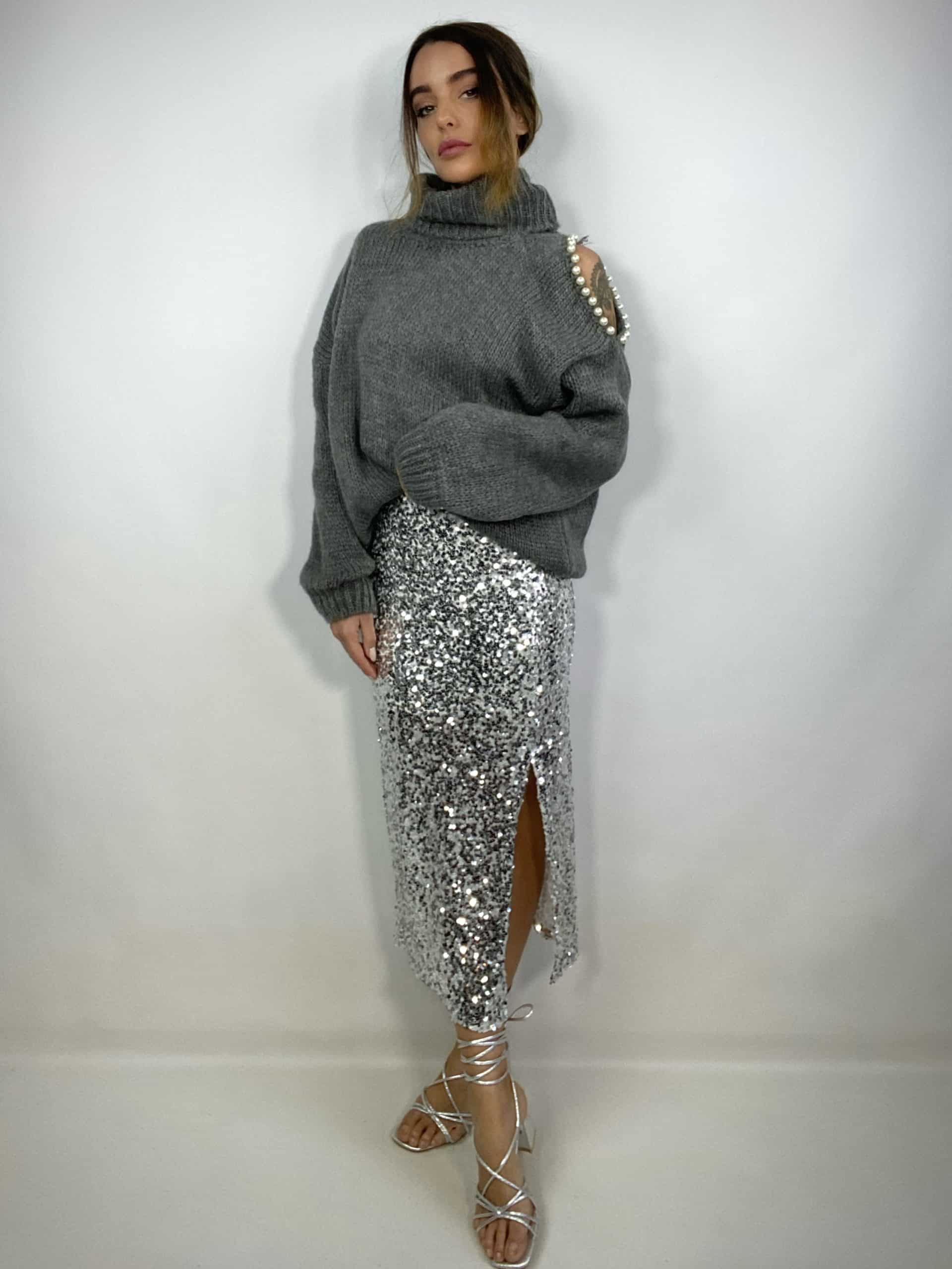 Maglione Cut Out e Perle - Grigio Scuro