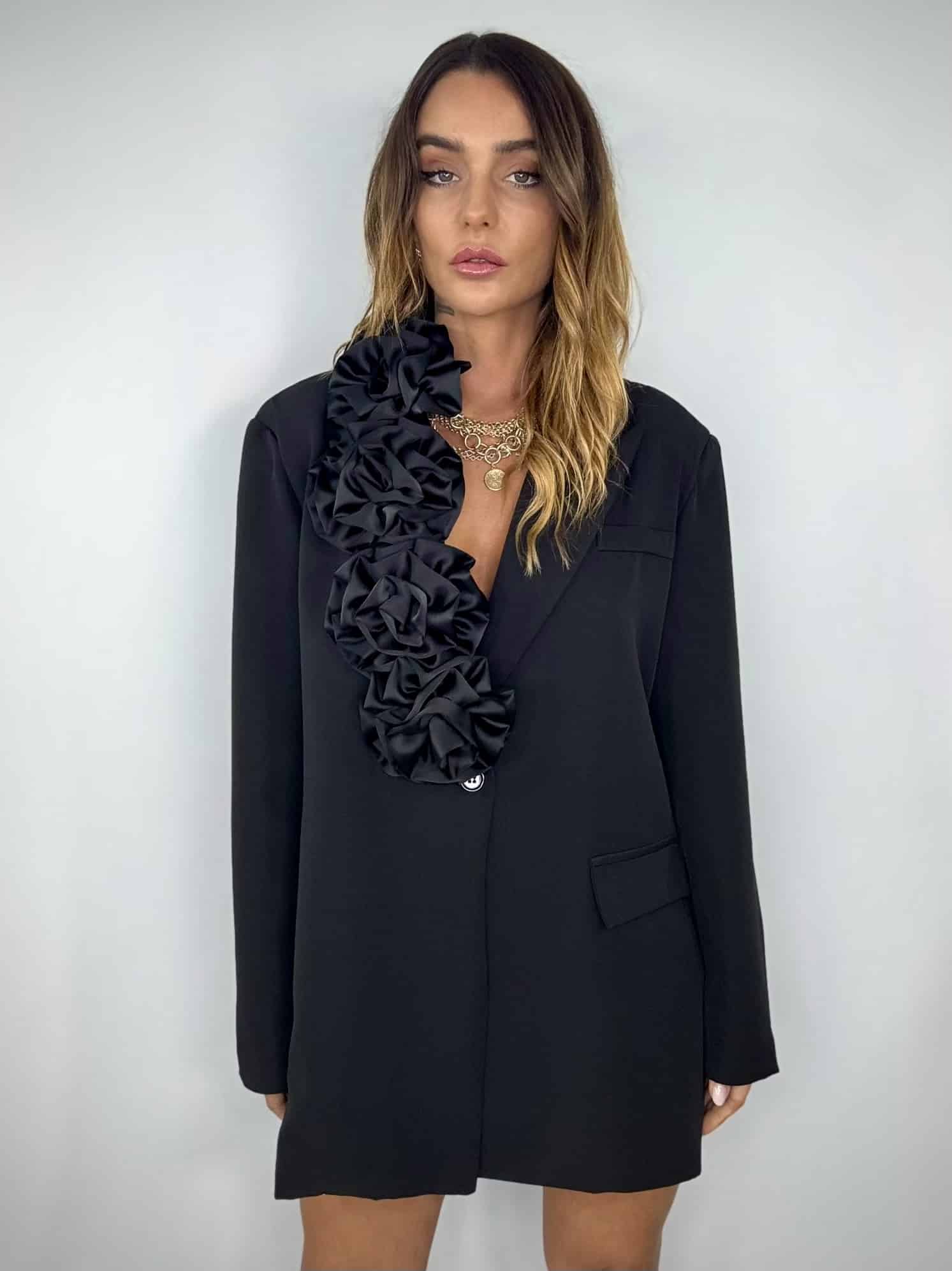 Blazer Over Con Spille Fiori - Nero