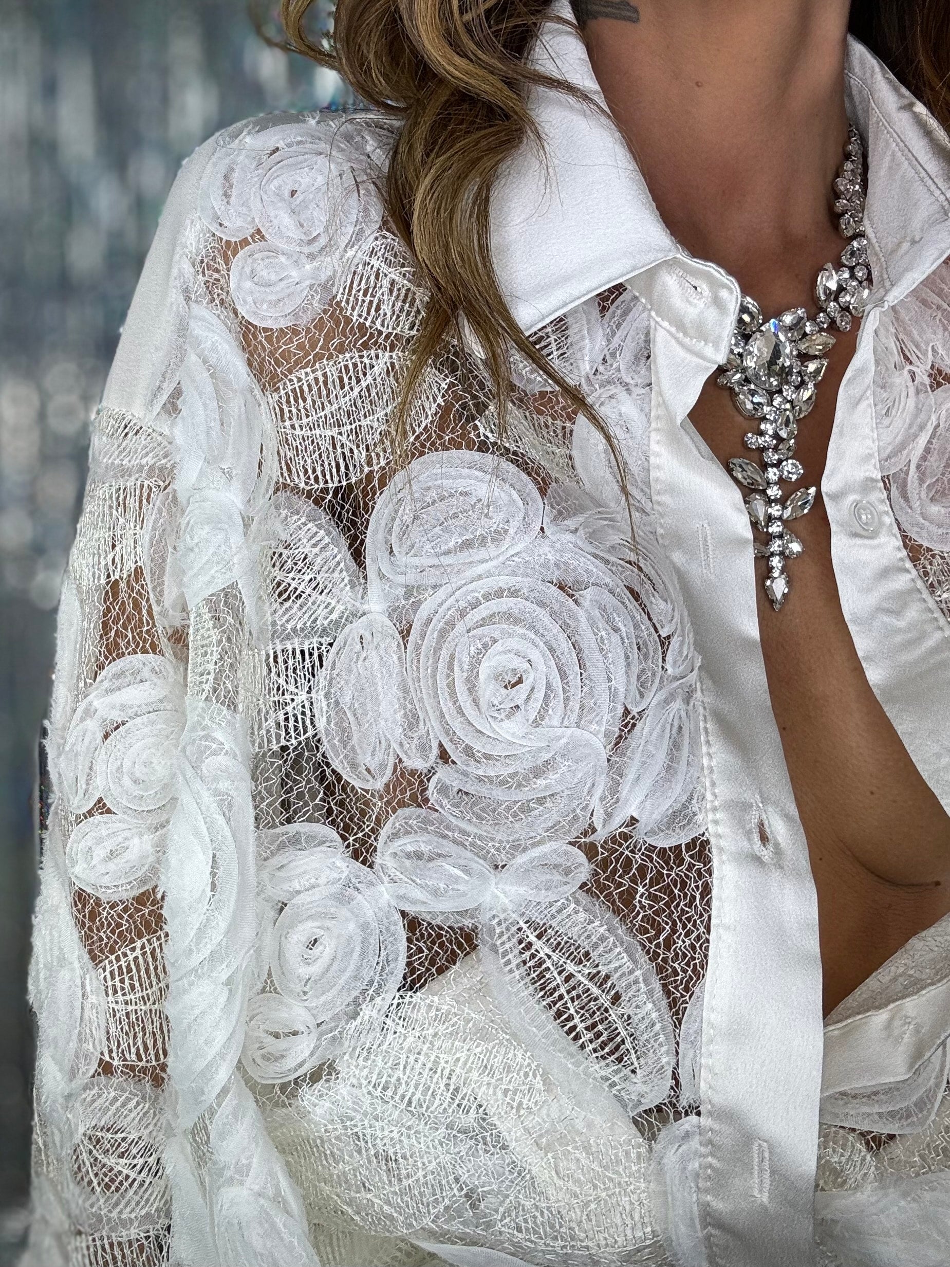 Camicia Over Rose in Pizzo - Bianco