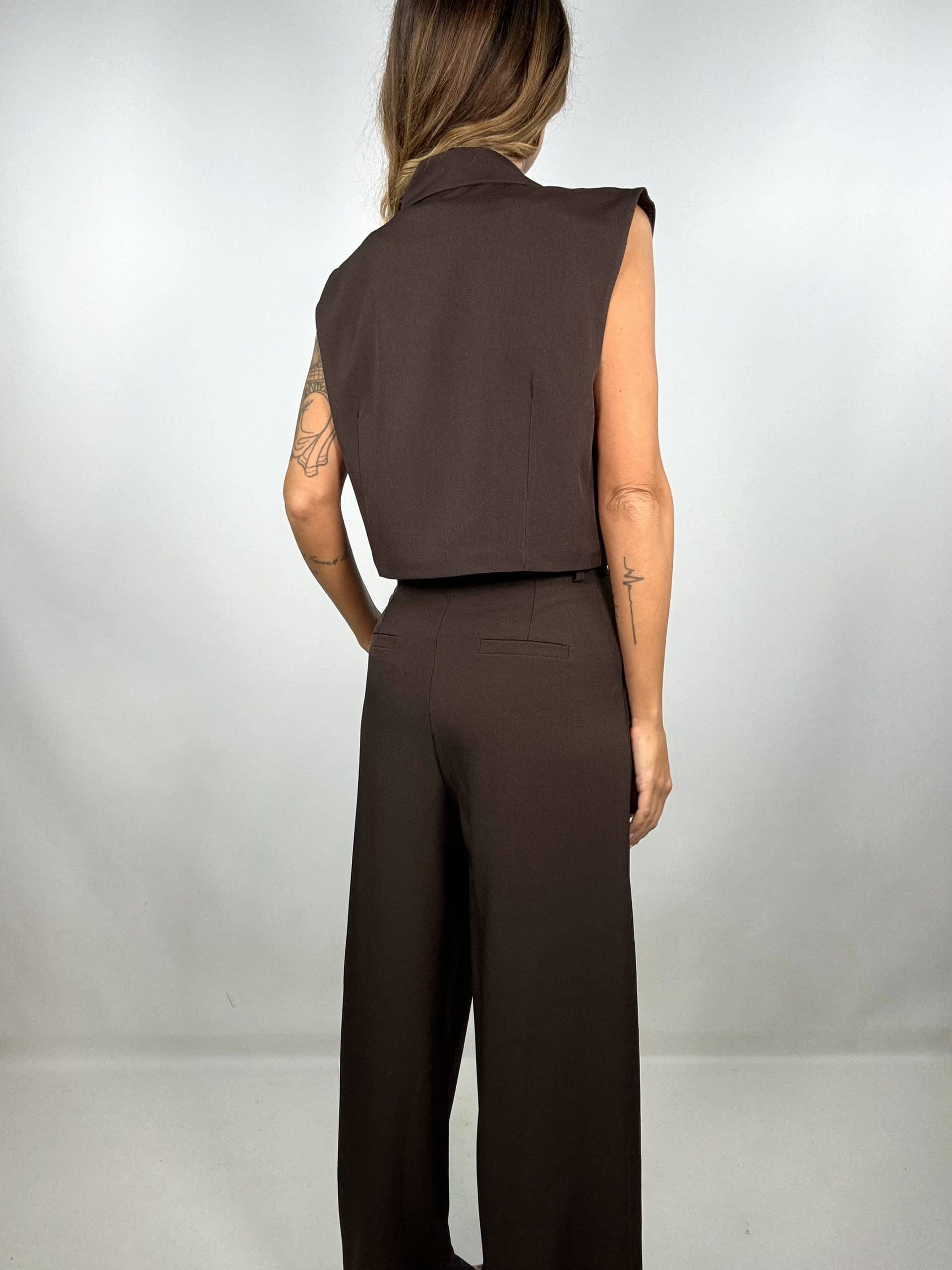 Completo Gilet Crop e Pantaloni Wide - Marrone