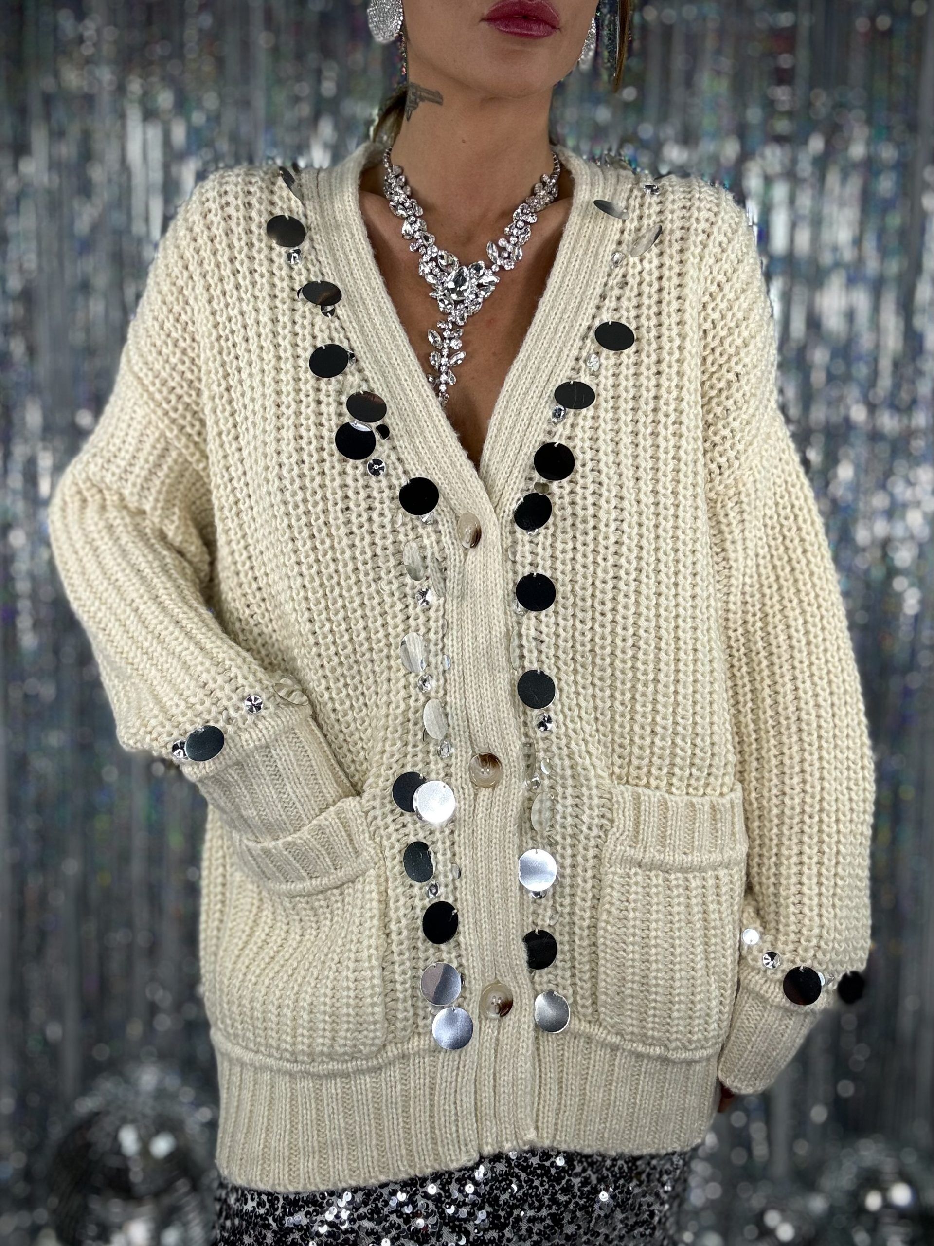 Maxi Cardigan Paillettes - Bianco Panna.