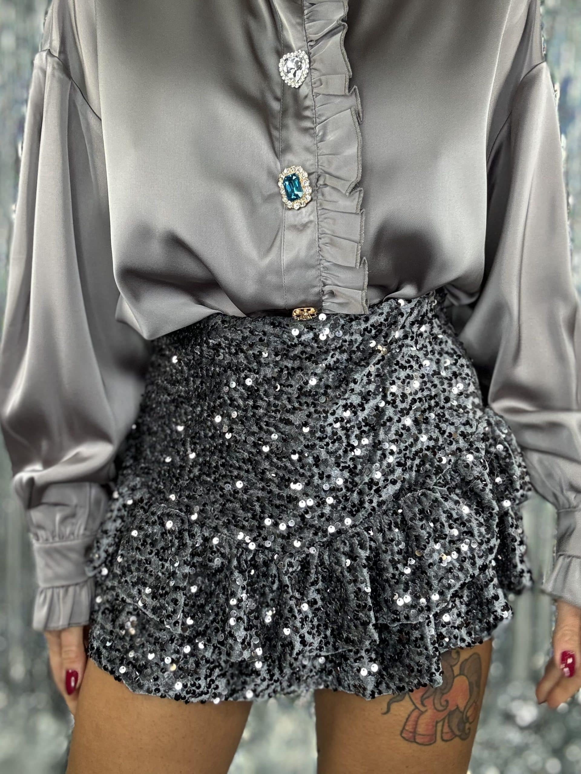 Mini Gonna Volant Paillettes - Argento