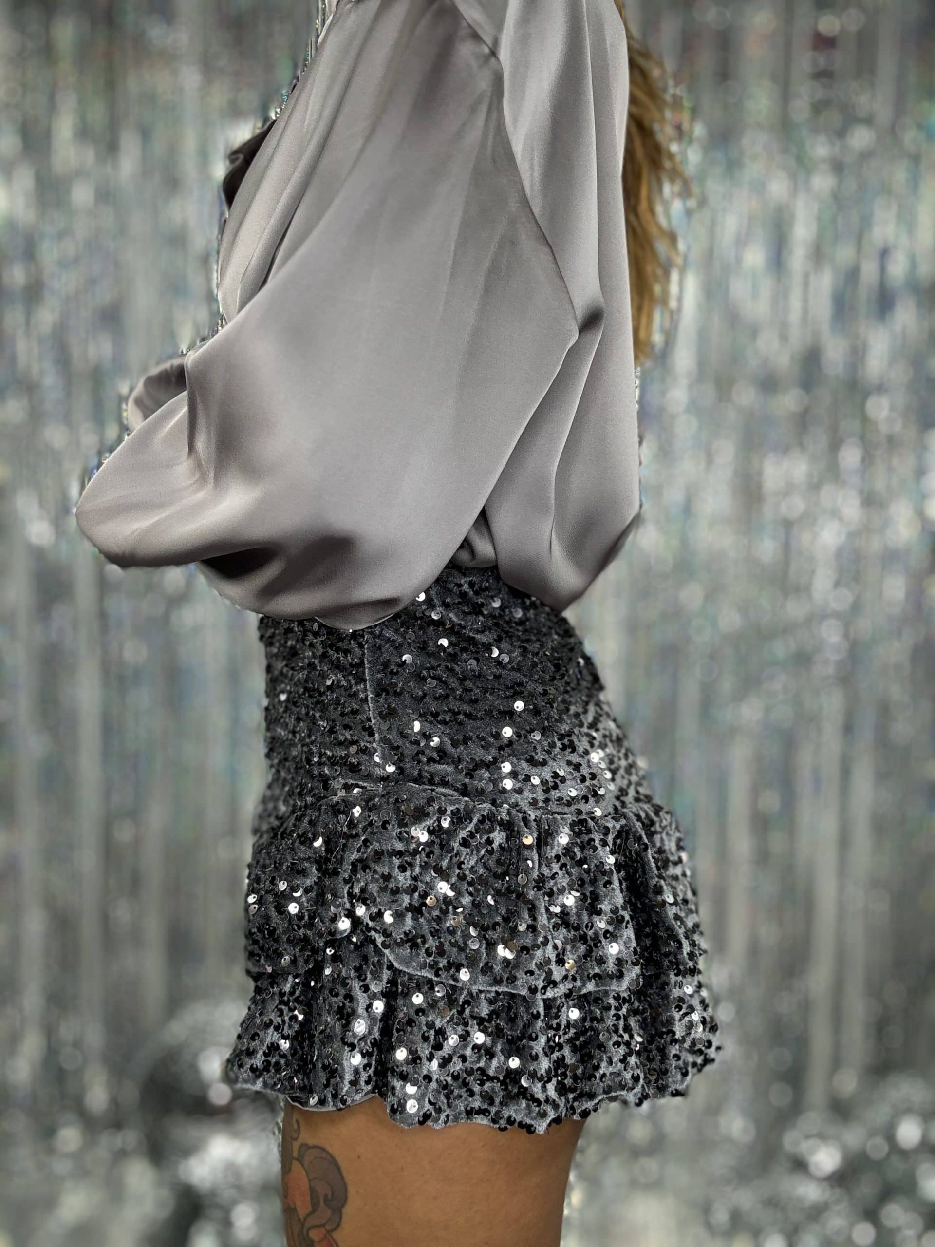 Mini Gonna Volant Paillettes - Argento