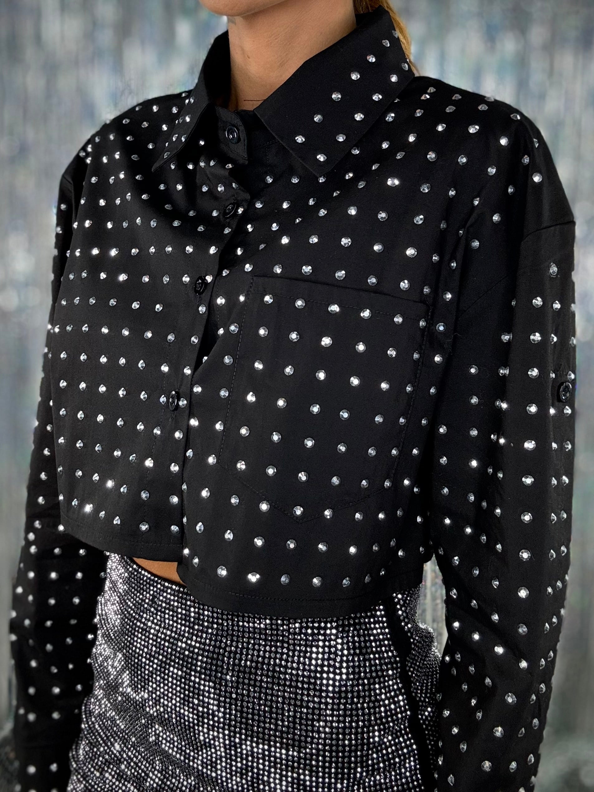 Camicia Crop Strass - Nero