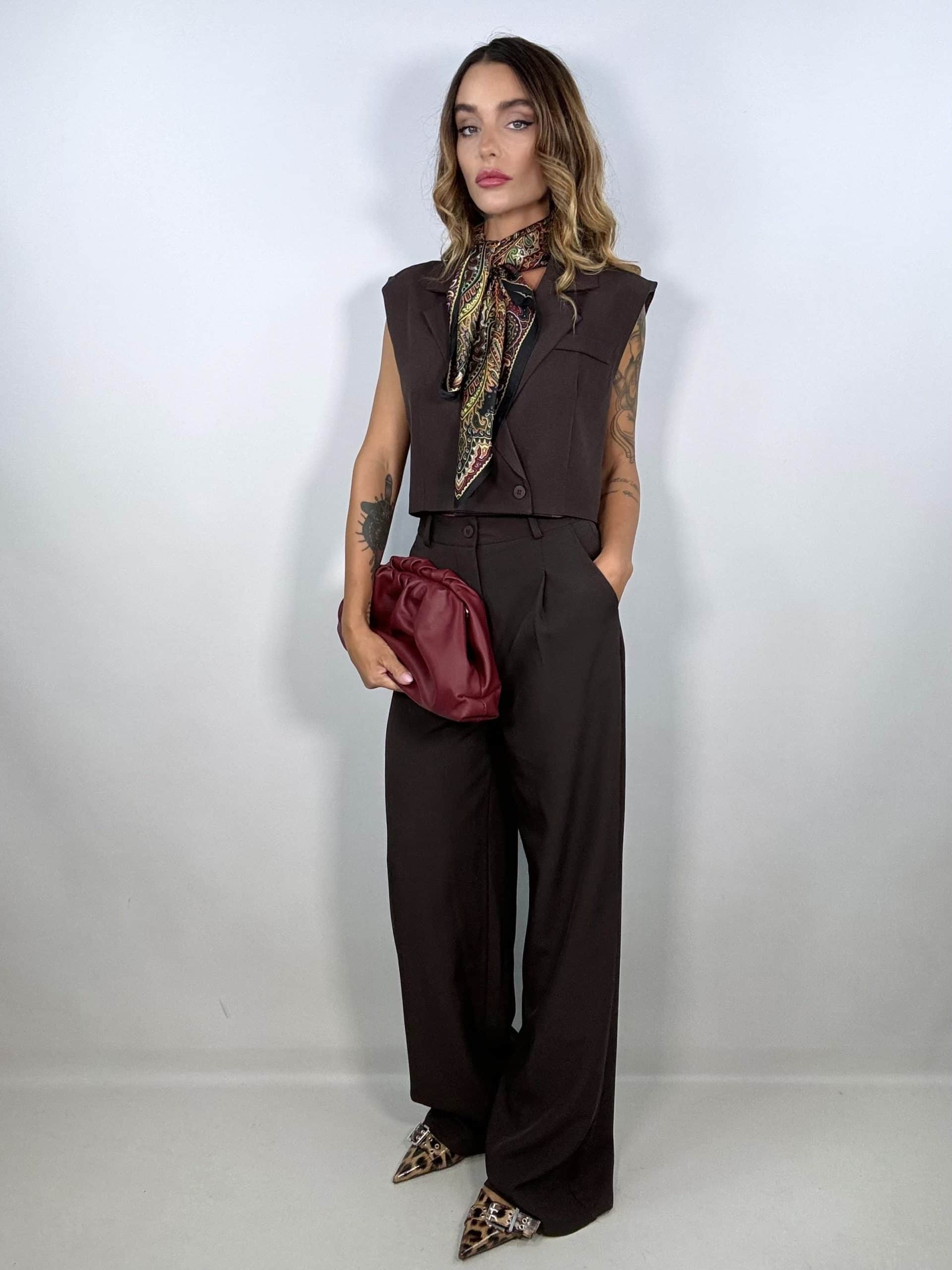 Completo Gilet Crop e Pantaloni Wide - Marrone