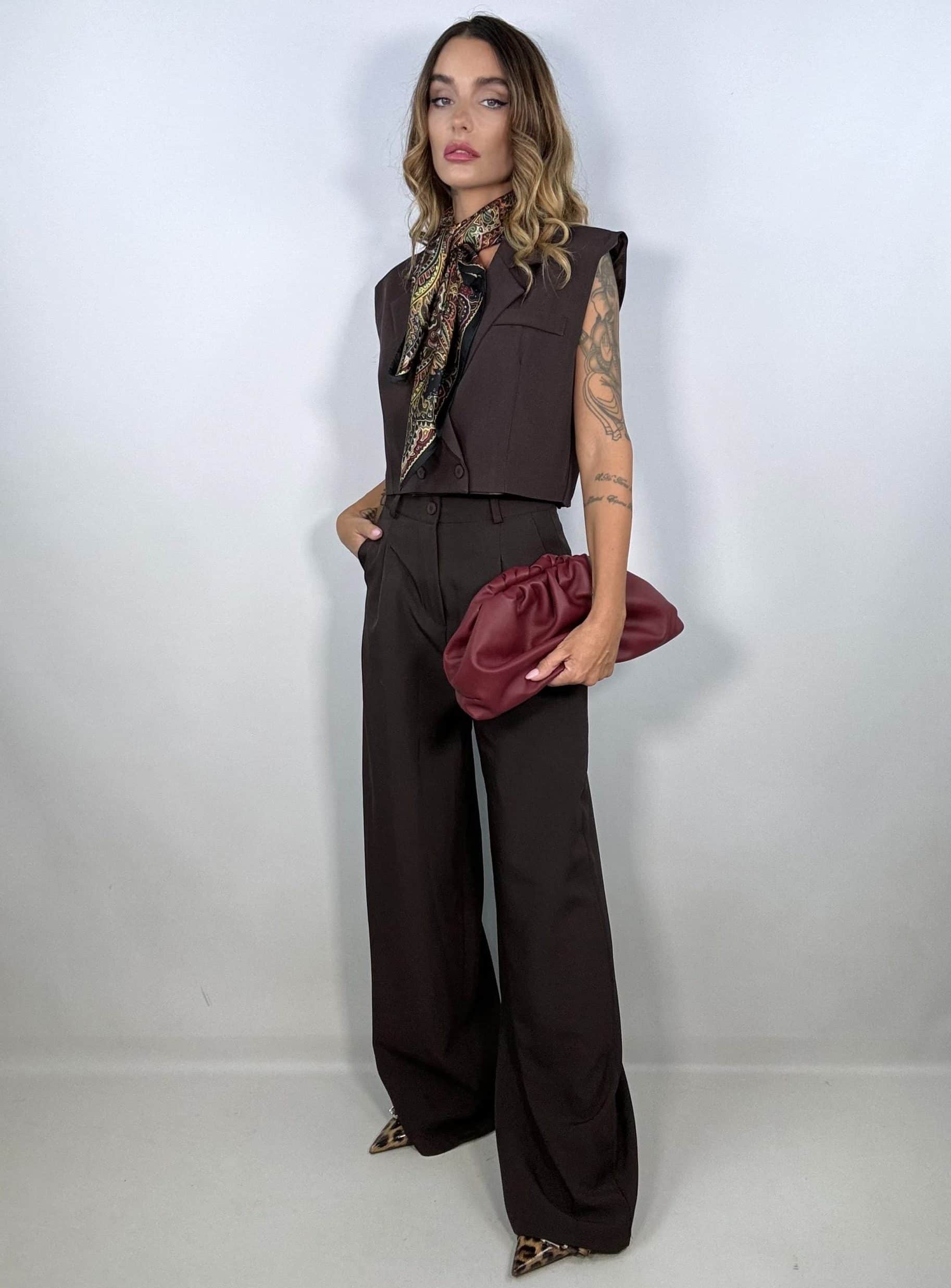 Completo Gilet Crop e Pantaloni Wide - Marrone