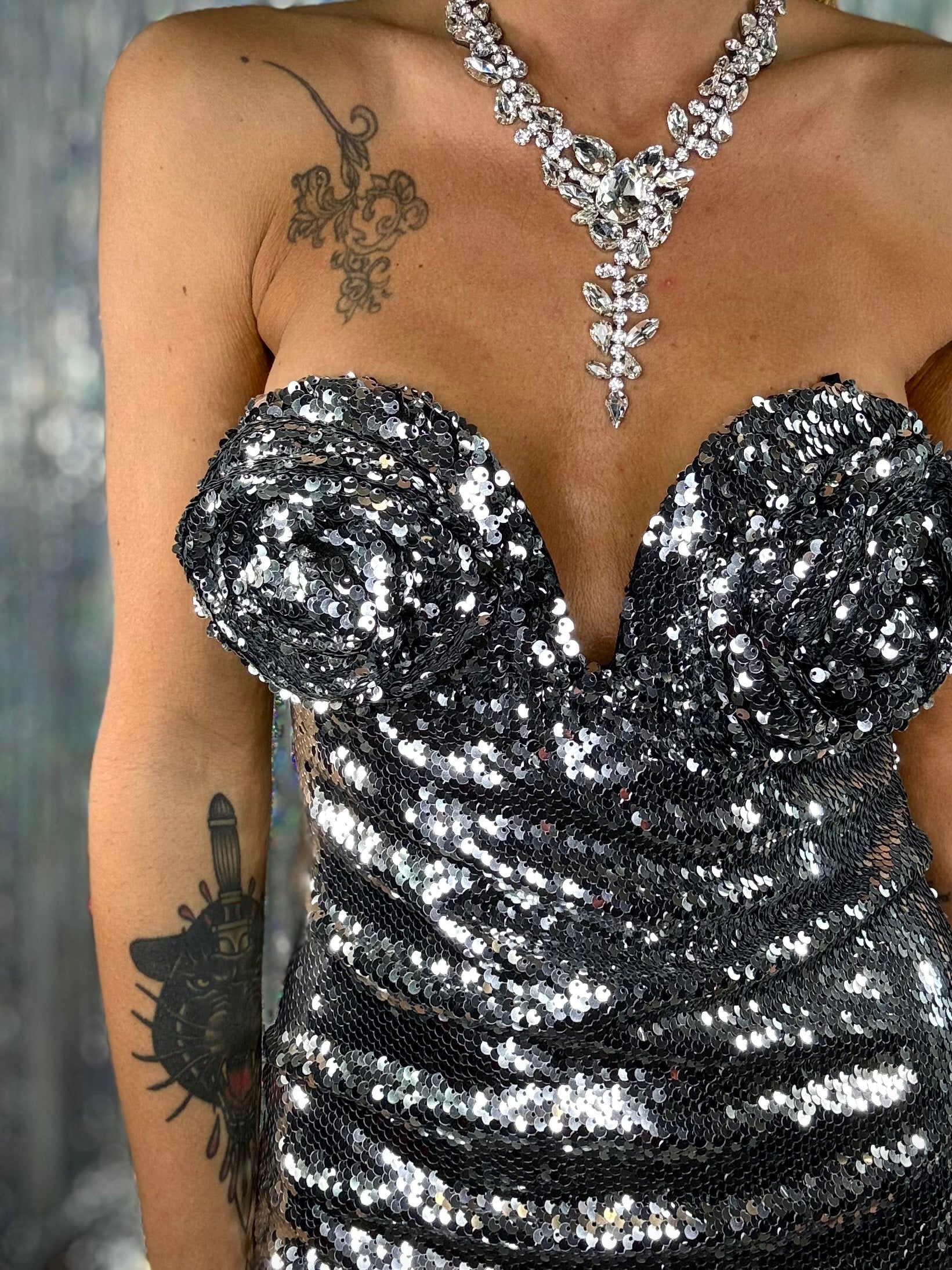 Mini Dress Paillettes con Rose - Argento