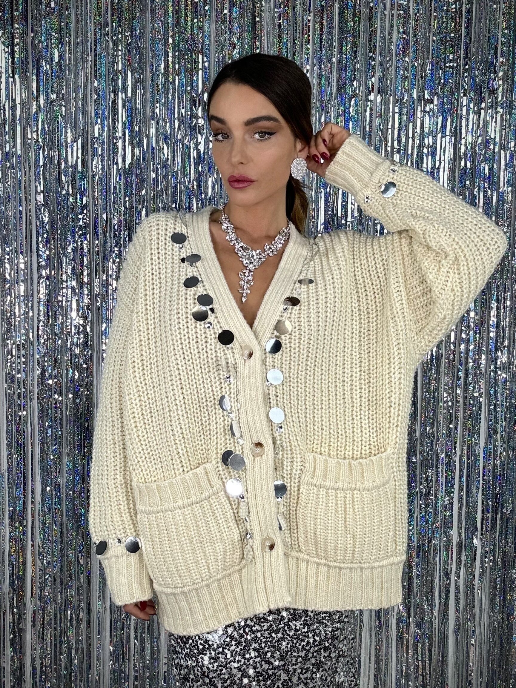 Maxi Cardigan Paillettes - Bianco Panna