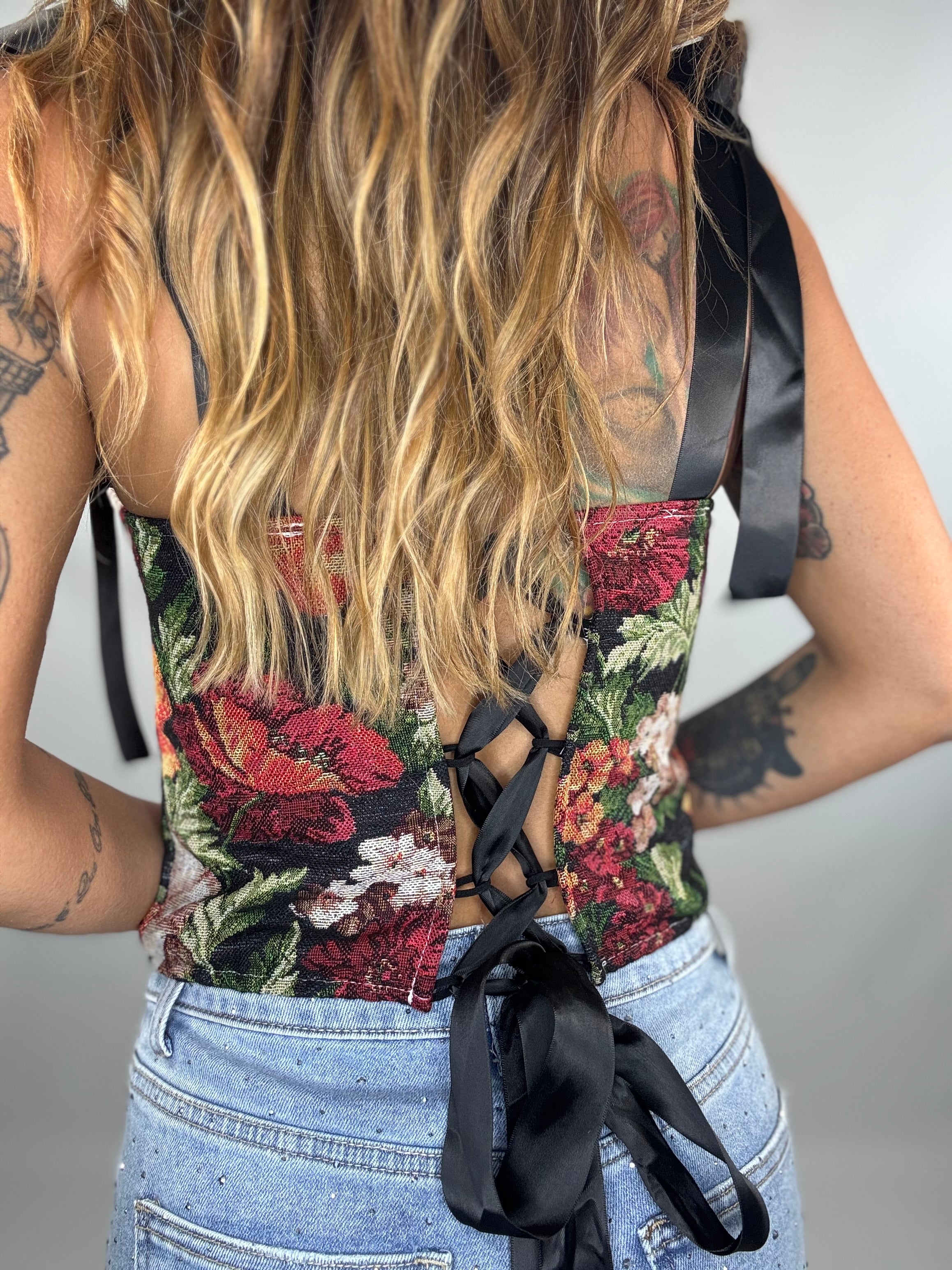 Corsetto Rose Retro con Lacci - Nero