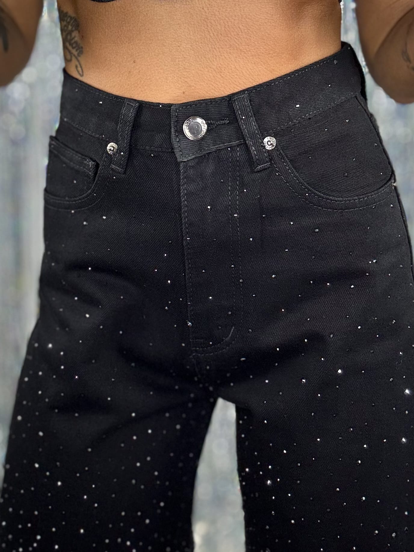 Jeans Wide Strass - Nero