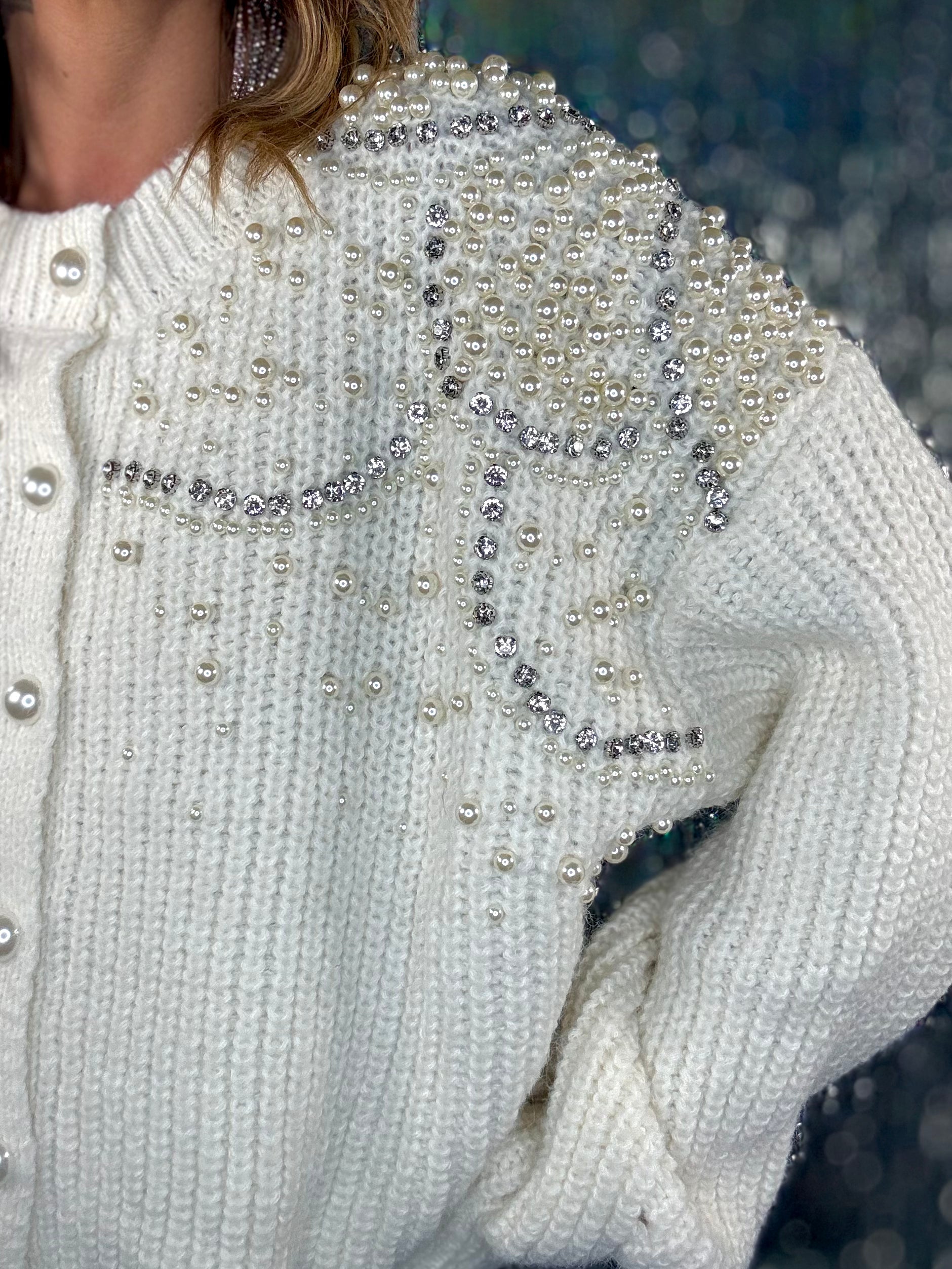 Cardigan Gioiello Pietre e Perle - Bianco Panna