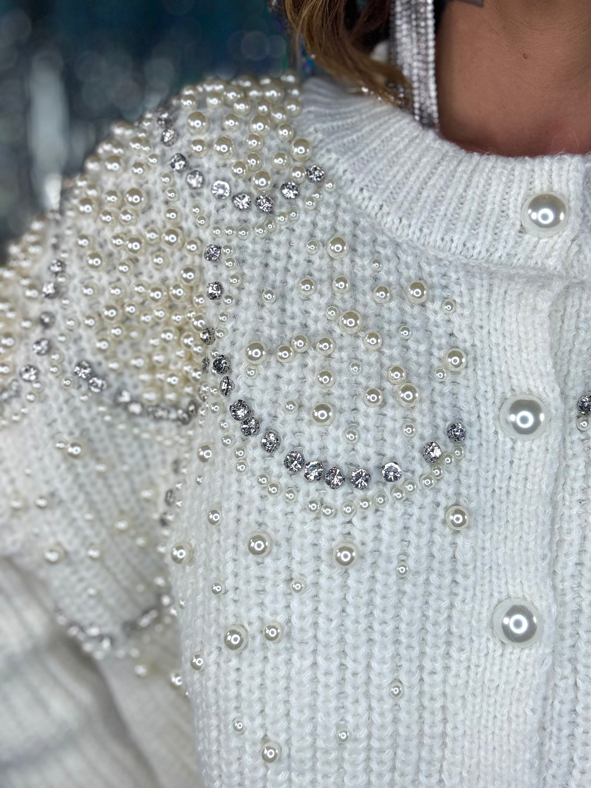 Cardigan Gioiello Pietre e Perle - Bianco Panna